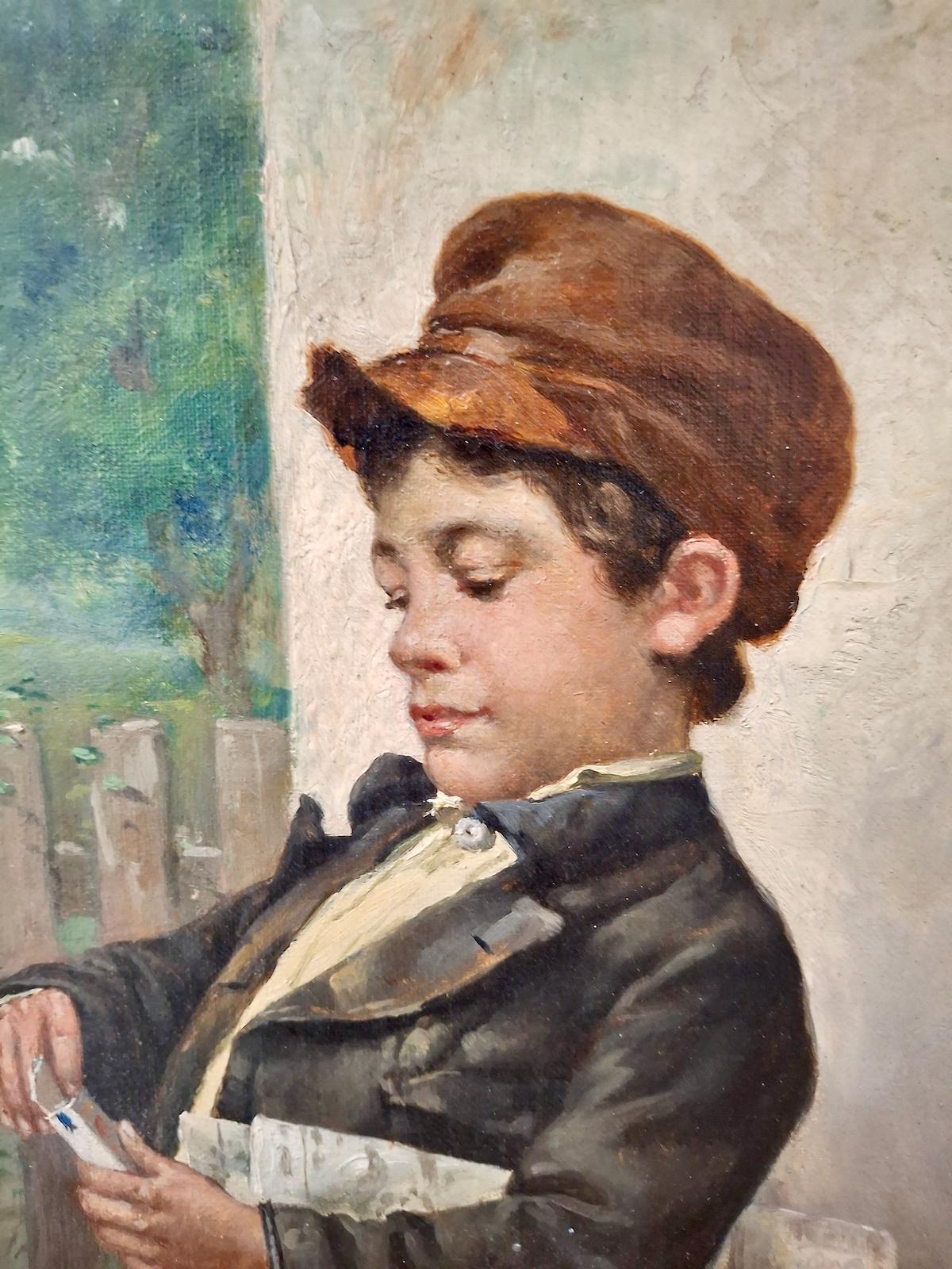 “The Newspaper Boy” - American Realist Painting by John Henry Henrici