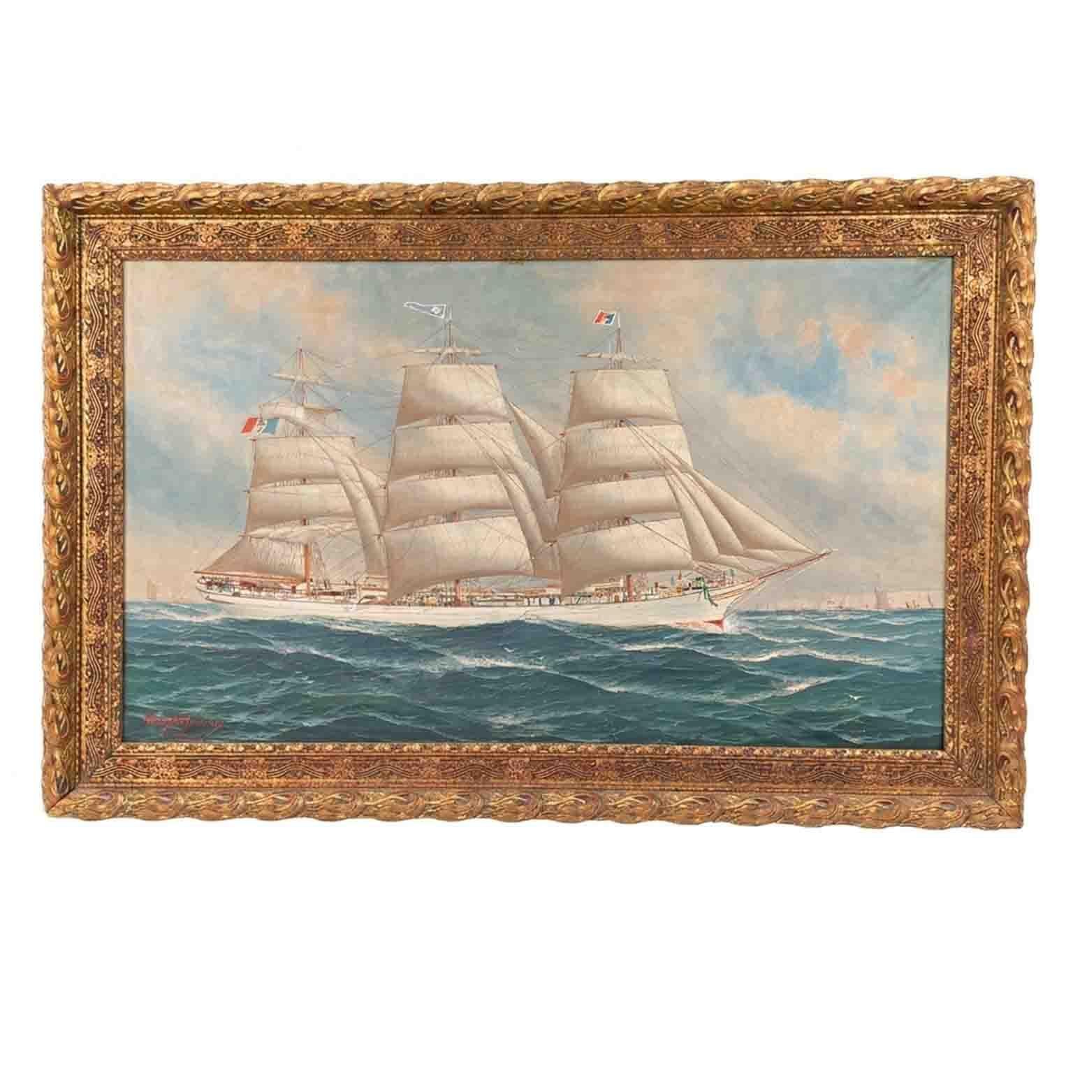 Marina Con Veliero Firmato e Datato John Henry Mohrmann 1908, Olio su Tela