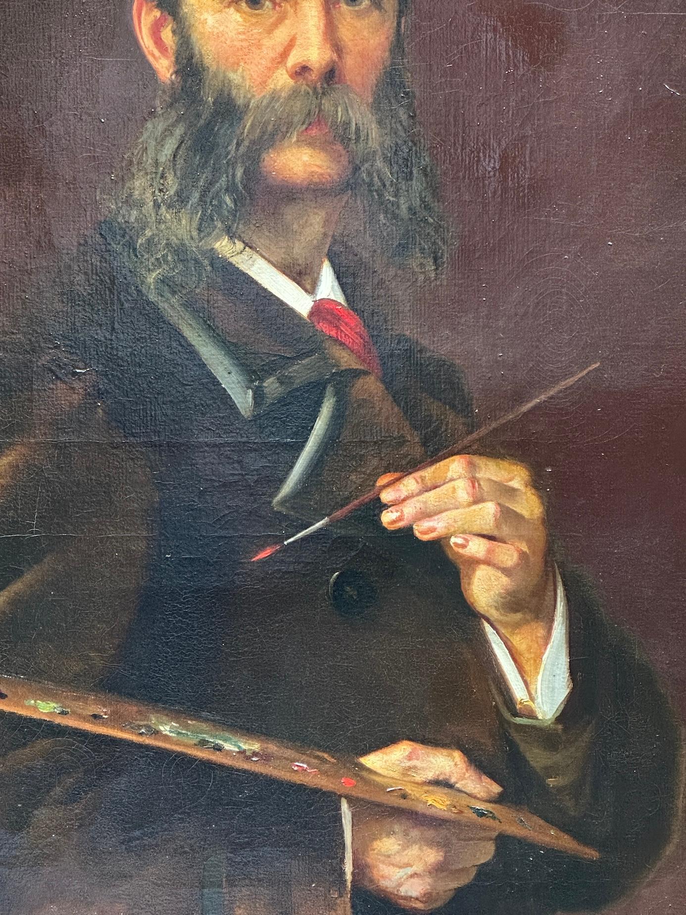 Early 20th century English self portrait of an artist holding his palette, brush - Victorian Painting by John Henry Sylvester