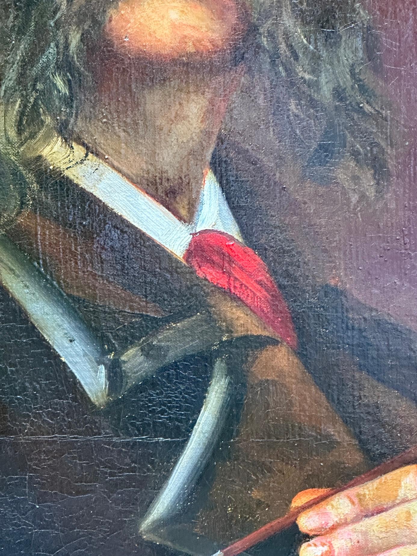 Early 20th century English self portrait of an artist holding his palette, brush - Gray Figurative Painting by John Henry Sylvester