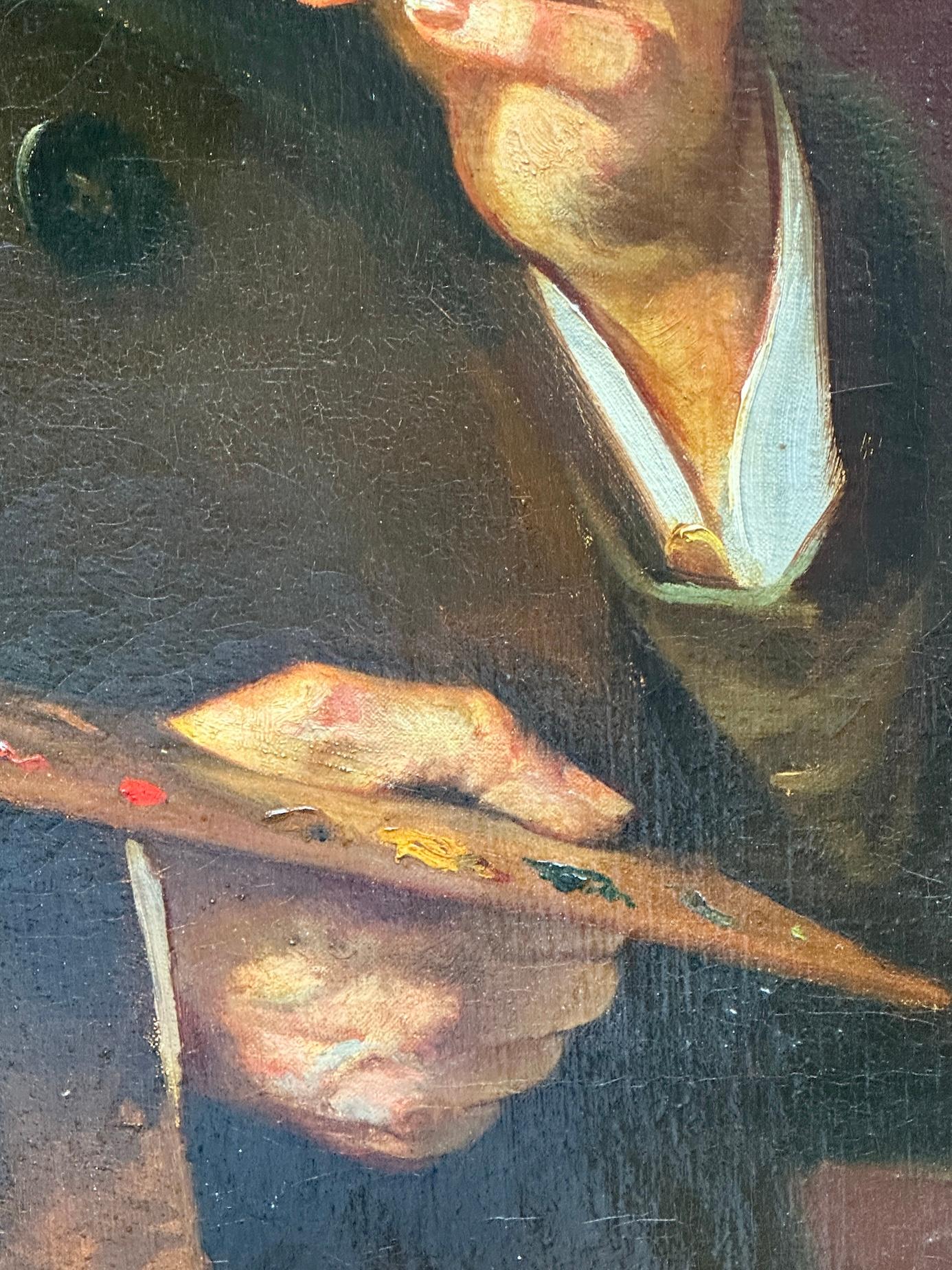 John Henry Sylvester (British, fl. late 19th–early 20th century)
Self-Portrait Holding Palette and Brush
Oils on canvas, monogrammed. Circa 1910–1920.

This intimate and distinguished self-portrait by John Henry Sylvester offers a rare window into