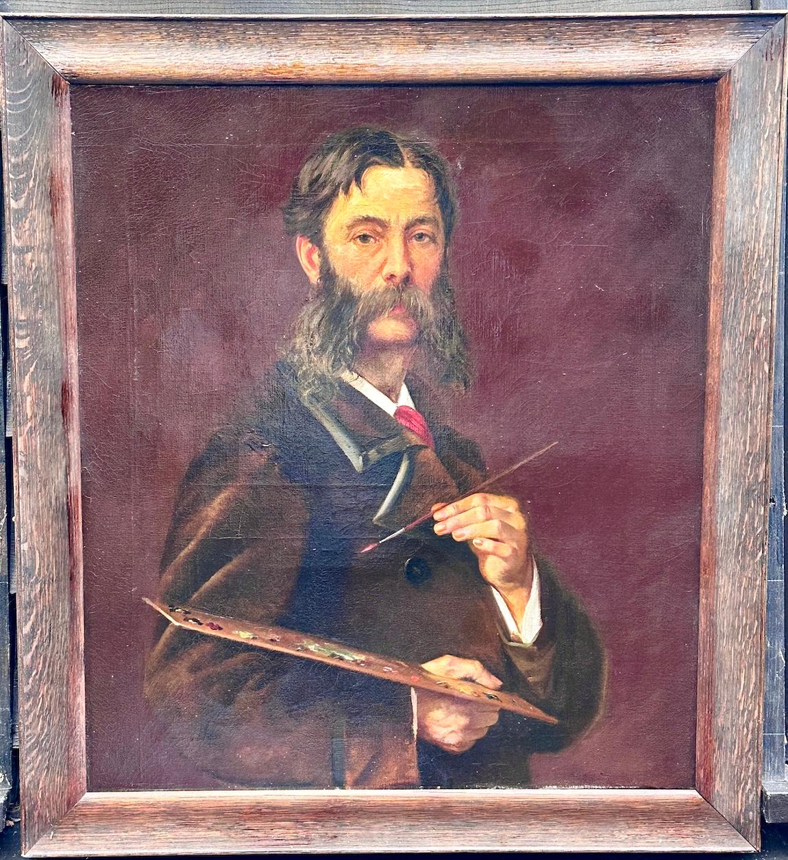 John Henry Sylvester Figurative Painting - Early 20th century English self portrait of an artist holding his palette, brush