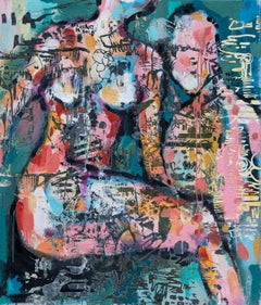 "Evolve & Wait"- Richly Colorful, Figurative/Abstract Mixed Media Painting