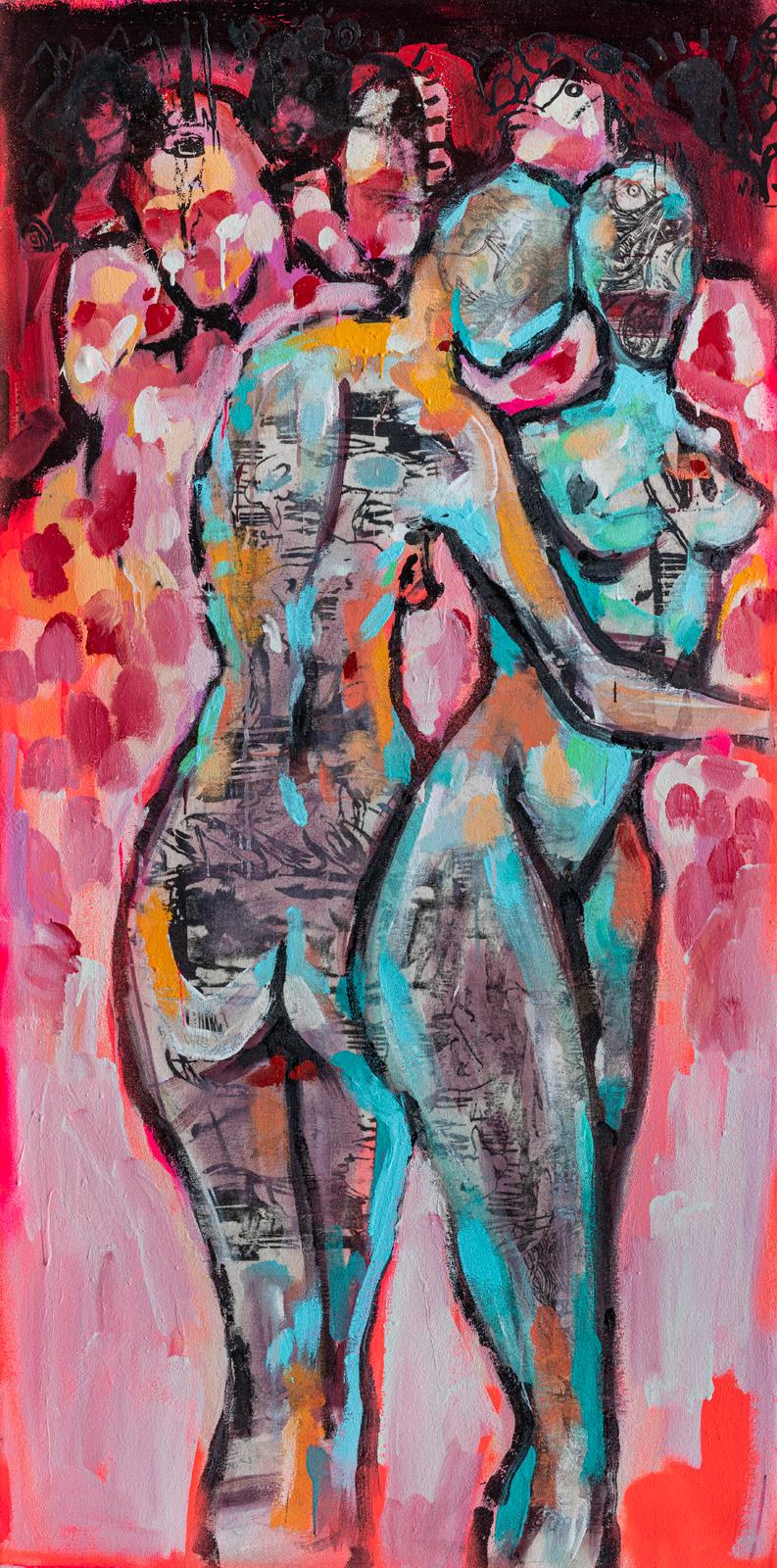Figurative Painting di John-Herbert Wright - "Voyeur" - Pittura a tecnica mista figurativa/astratta dai colori vibranti