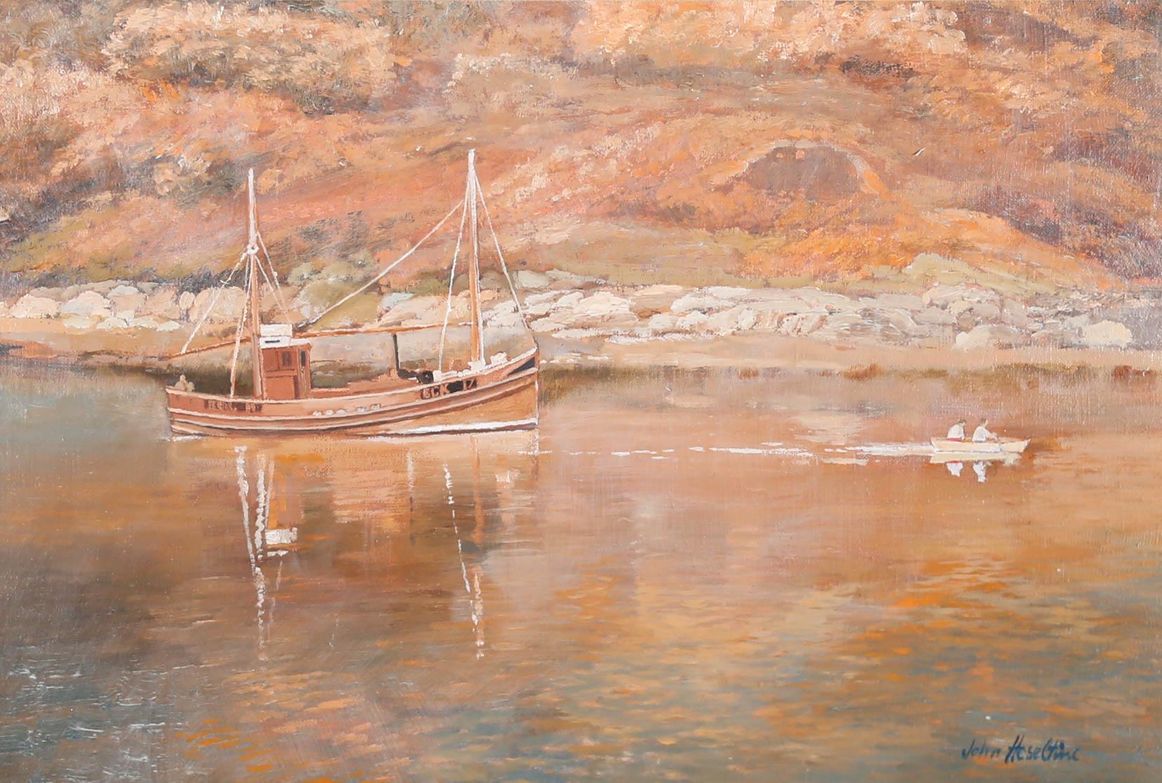 John Heseltine (1923-2016) - 20th Century Oil, Fishing Boat at Sunset For Sale 1