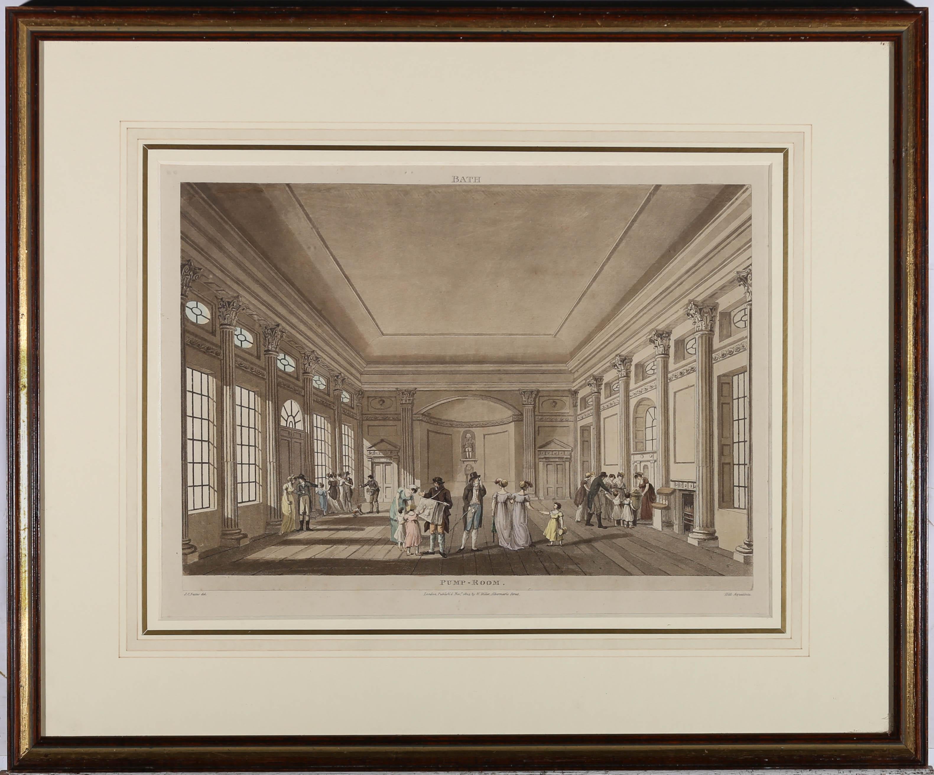 A fine aquatint with hand colouring depicting the Pump Room, Bath by John Hill after John Claude Nattes (c.1765-1839). Published in 1804 by W. Miller. Presented in a wash line mount with gilt window border, and glazed wooden frame with gilt accent.