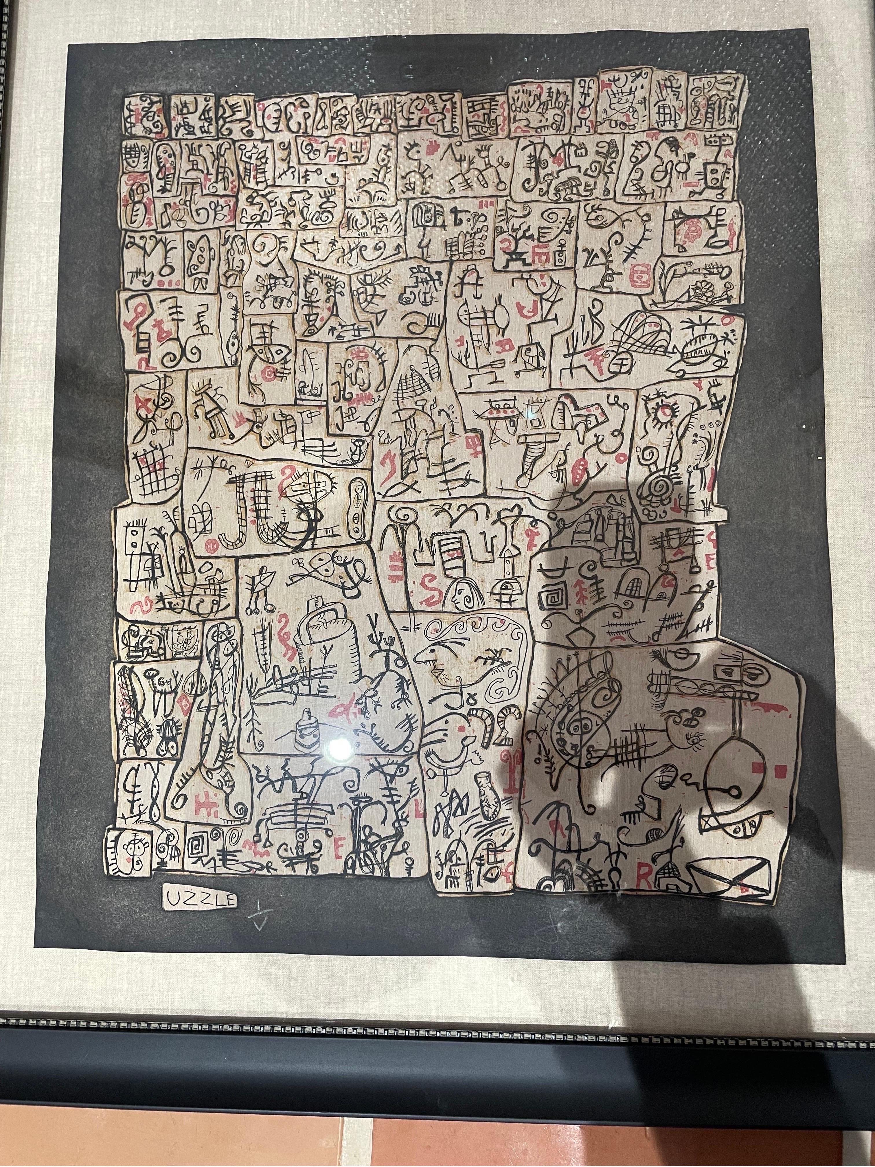 This is a wonderful original 1 of 5 block prints of Chicago artist John Himmelfarb depicting his many small characters in his unique style 
This was done 2001