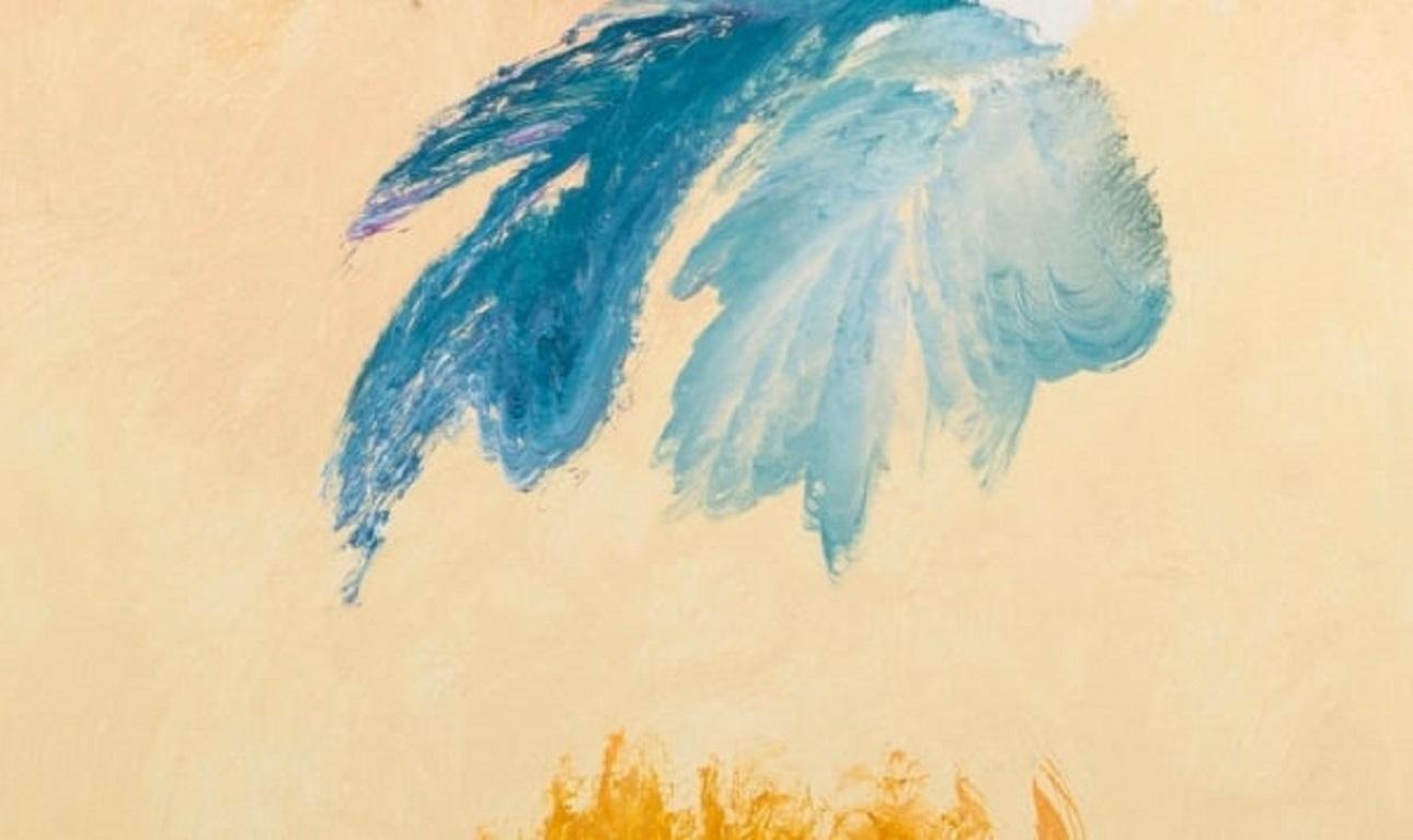 Girasole nero e prato lontano, pittura astratta floreale olio su tela, 1980 - Abstract Painting Arancia di John Hitchens
