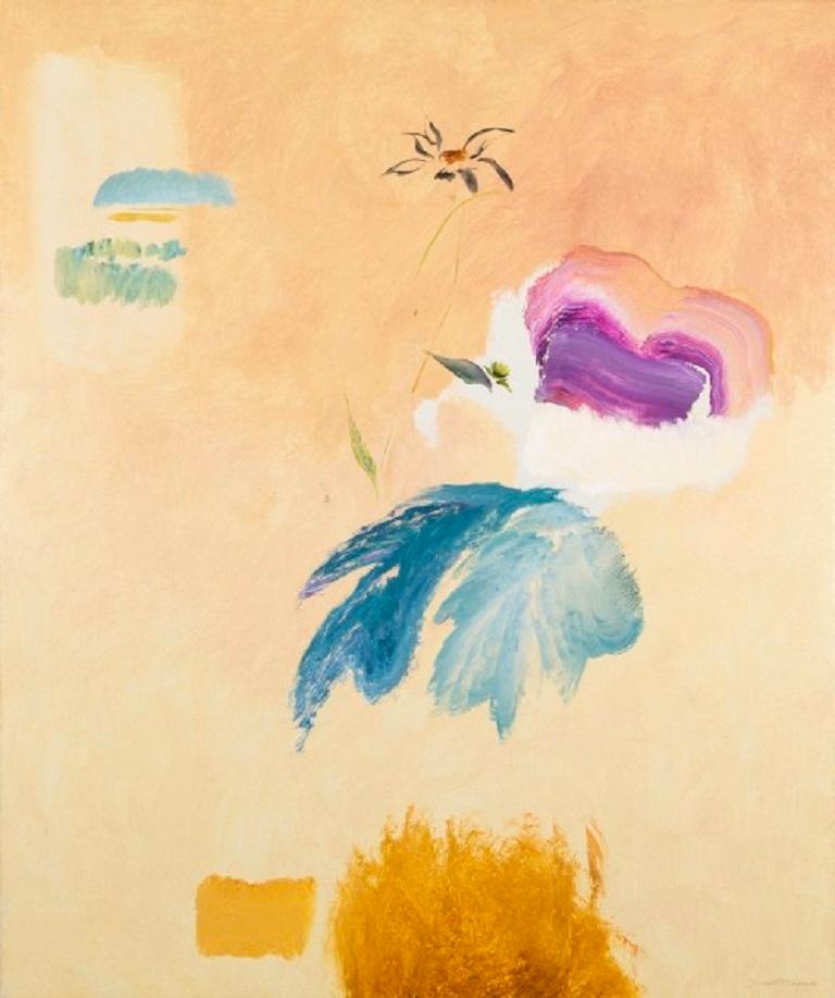 Abstract Painting di John Hitchens - Girasole nero e prato lontano, pittura astratta floreale olio su tela, 1980