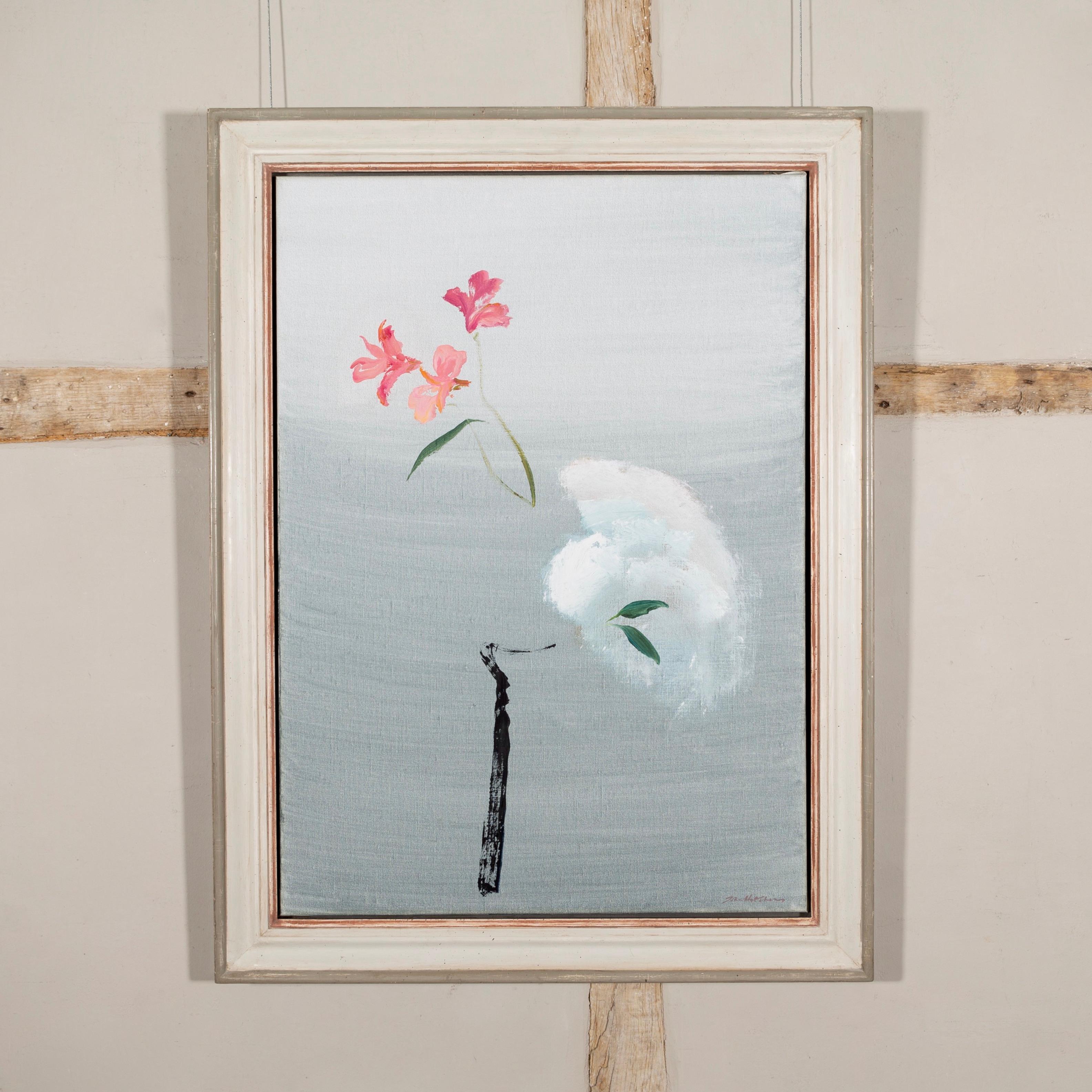 Darker Shade of White, 1985 - Minimalist White and Grey Flower Oil Painting - Gray Still-Life Painting by John Hitchens