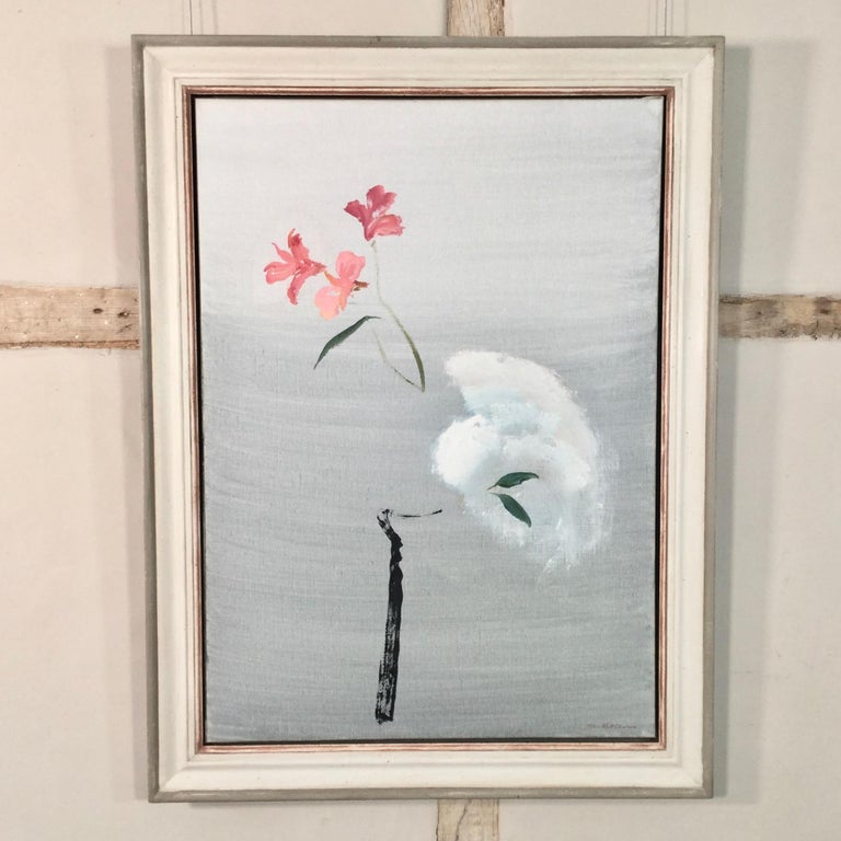 Darker Shade of White - oil painting, still life, flower, grey and pink - Painting by John Hitchens