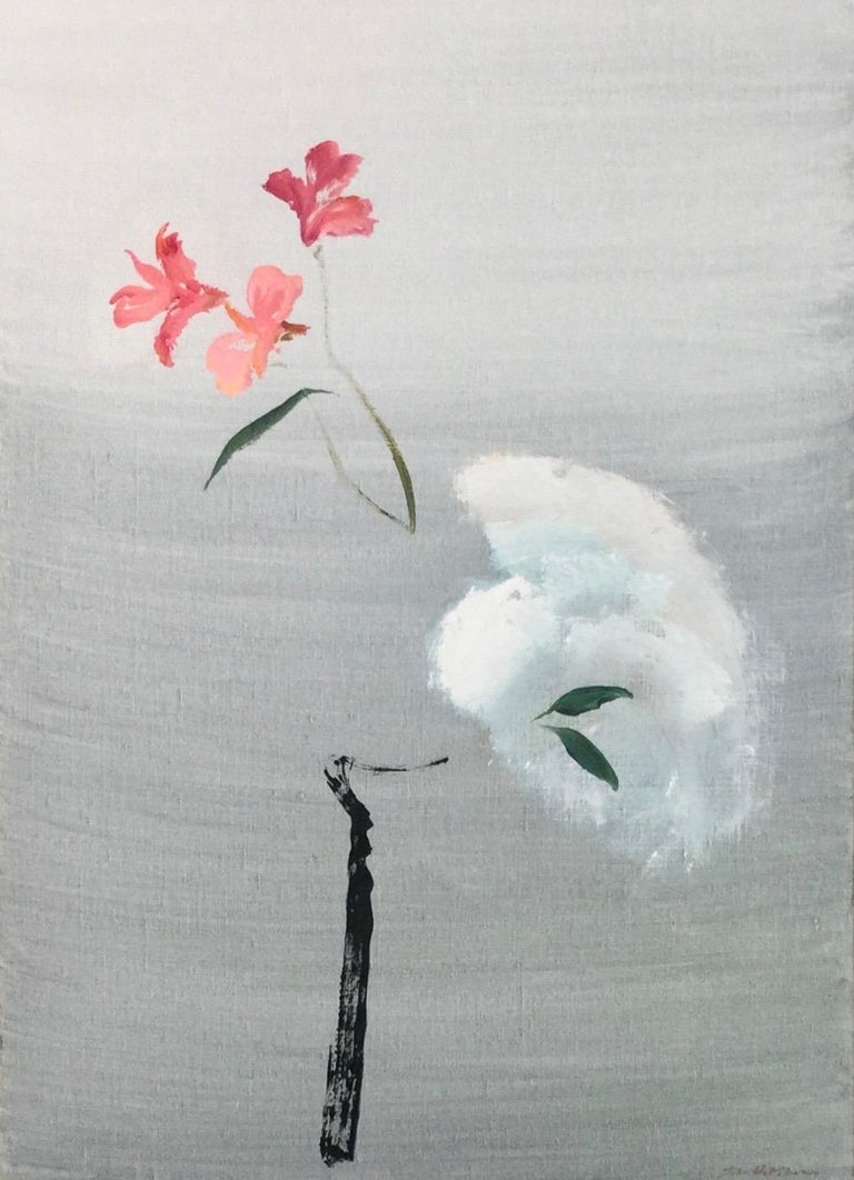 John Hitchens Abstract Painting - Darker Shade of White - oil painting, still life, flower, grey and pink