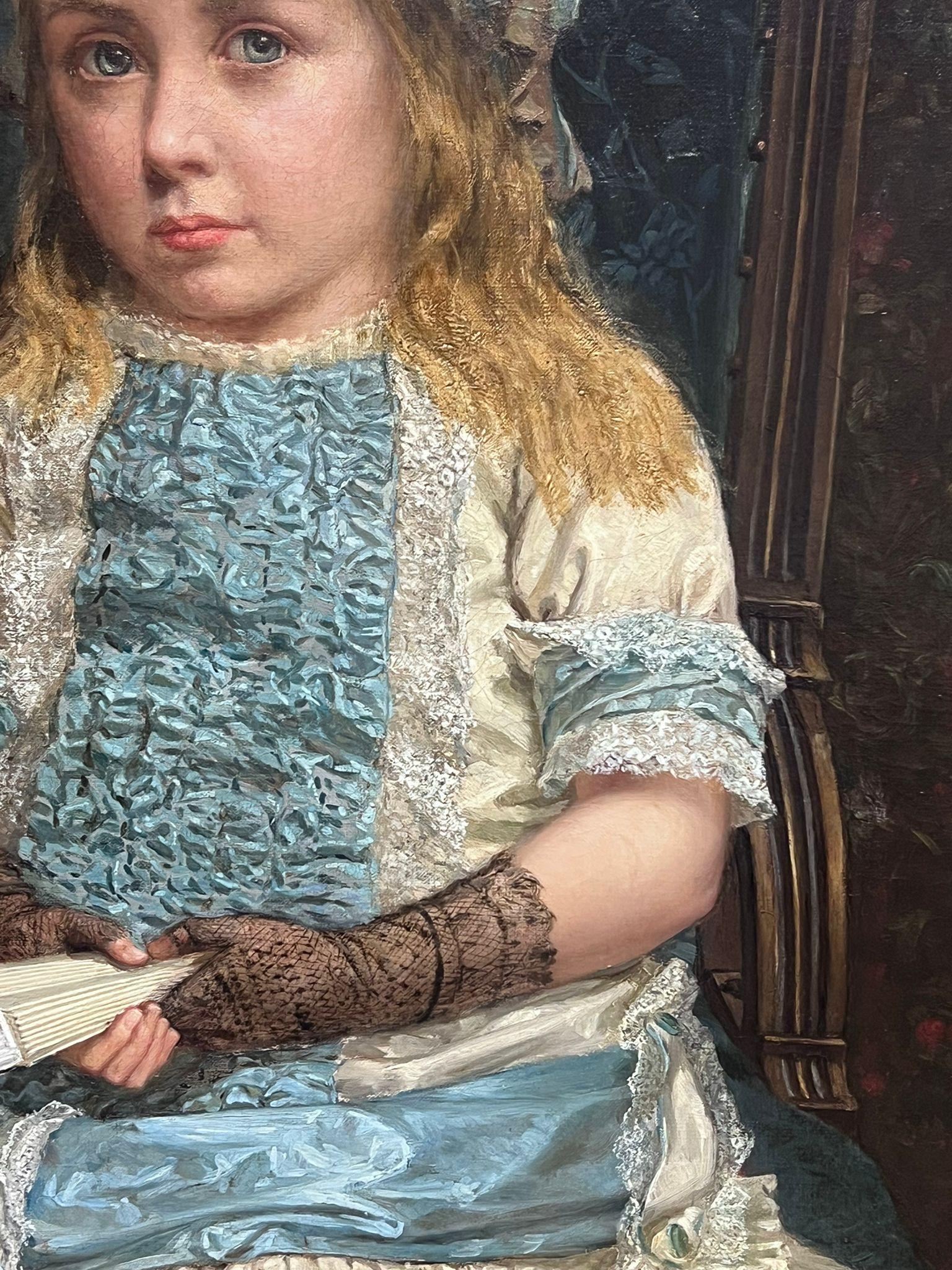 Großes viktorianisches signiertes Ölgemälde, Porträt eines jungen Mädchens in blauem Kleid 6
