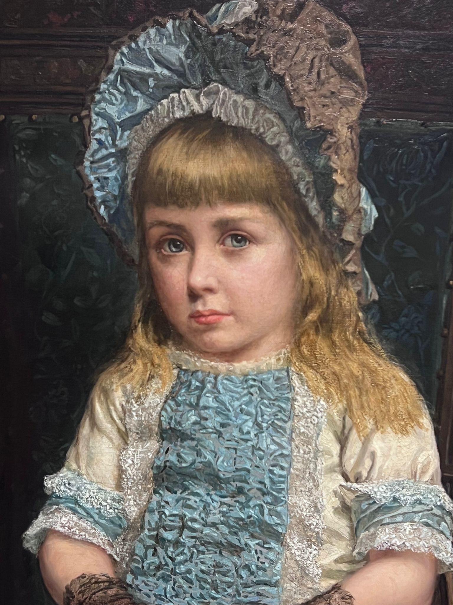 Large Victorian Signed Oil Painting Portrait of Young Girl in Blue Dress For Sale 9
