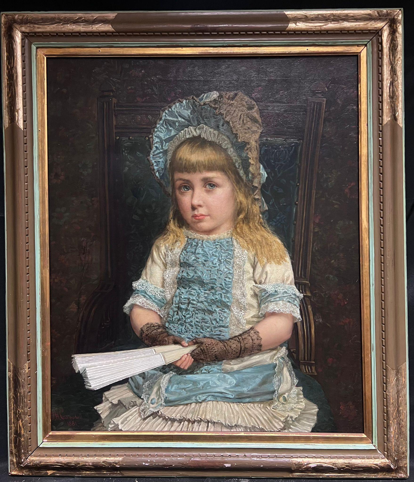 Großes viktorianisches signiertes Ölgemälde, Porträt eines jungen Mädchens in blauem Kleid – Painting von John Hodgson Campbell