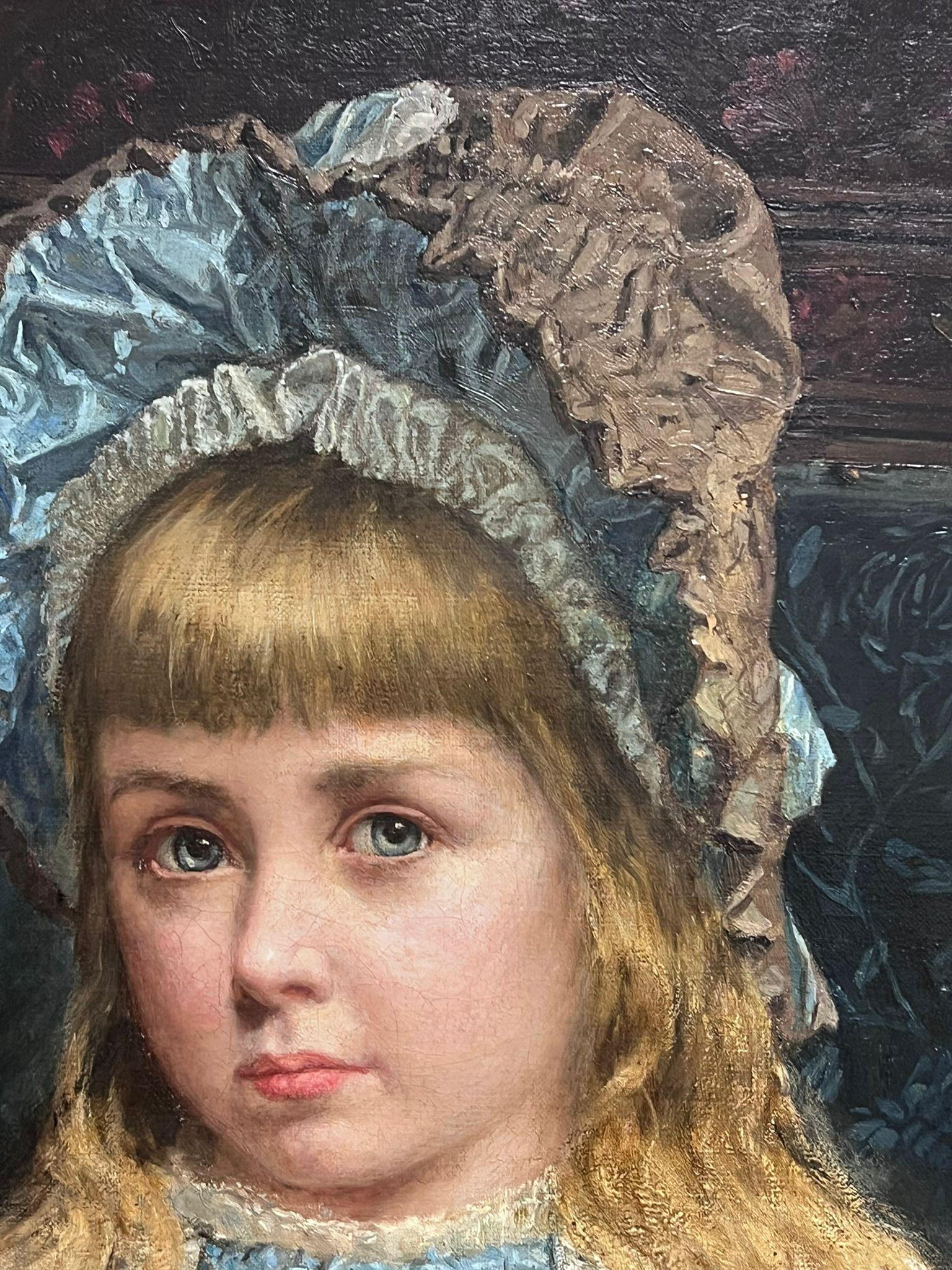 Großes viktorianisches signiertes Ölgemälde, Porträt eines jungen Mädchens in blauem Kleid 4