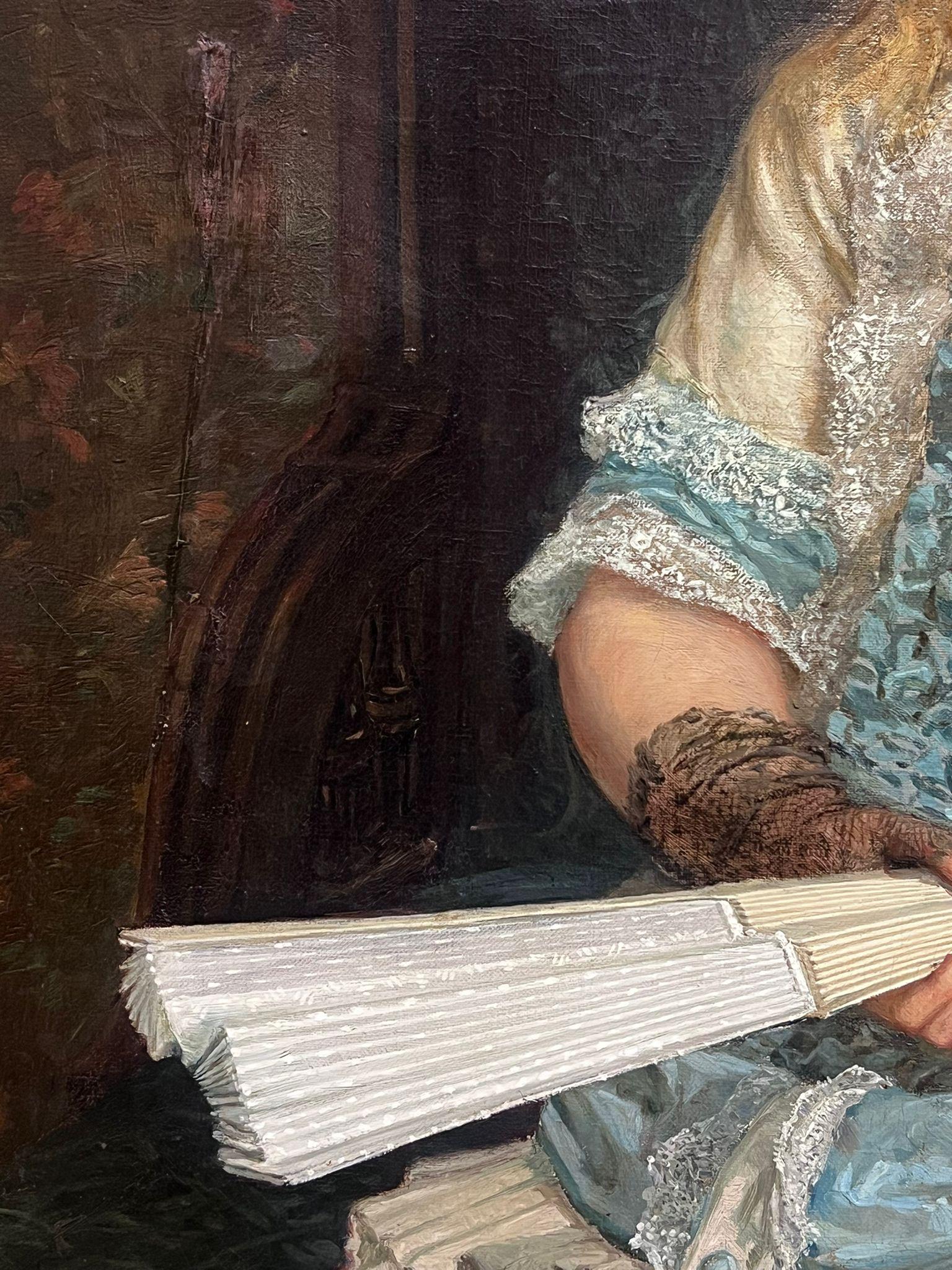 Großes viktorianisches signiertes Ölgemälde, Porträt eines jungen Mädchens in blauem Kleid 5