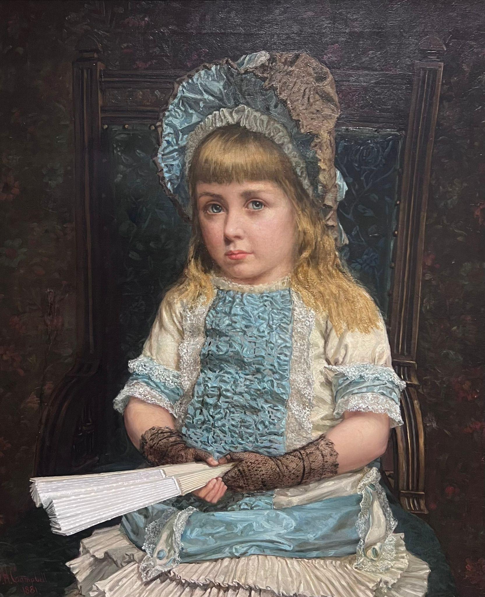 John Hodgson Campbell Figurative Painting – Großes viktorianisches signiertes Ölgemälde, Porträt eines jungen Mädchens in blauem Kleid