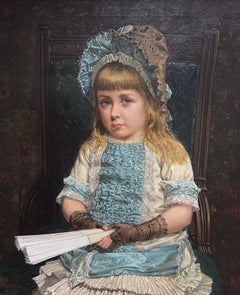 Antique Large Victorian Signed Oil Painting Portrait of Young Girl in Blue Dress