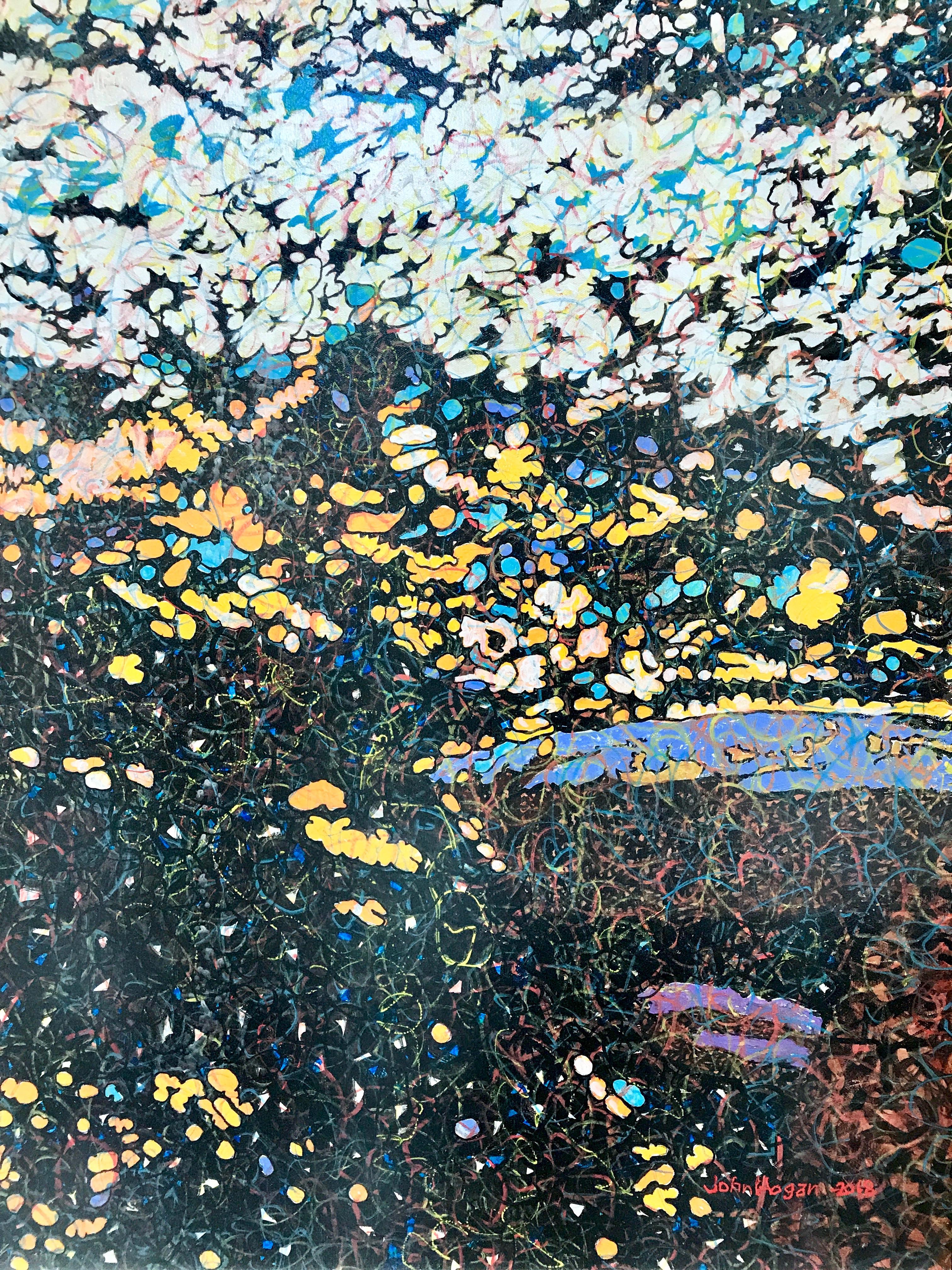 Río Salmón, John Hogan gran cuadro contemporáneo azul naranja negro - Abstract Painting Gris de John Hogan (American)