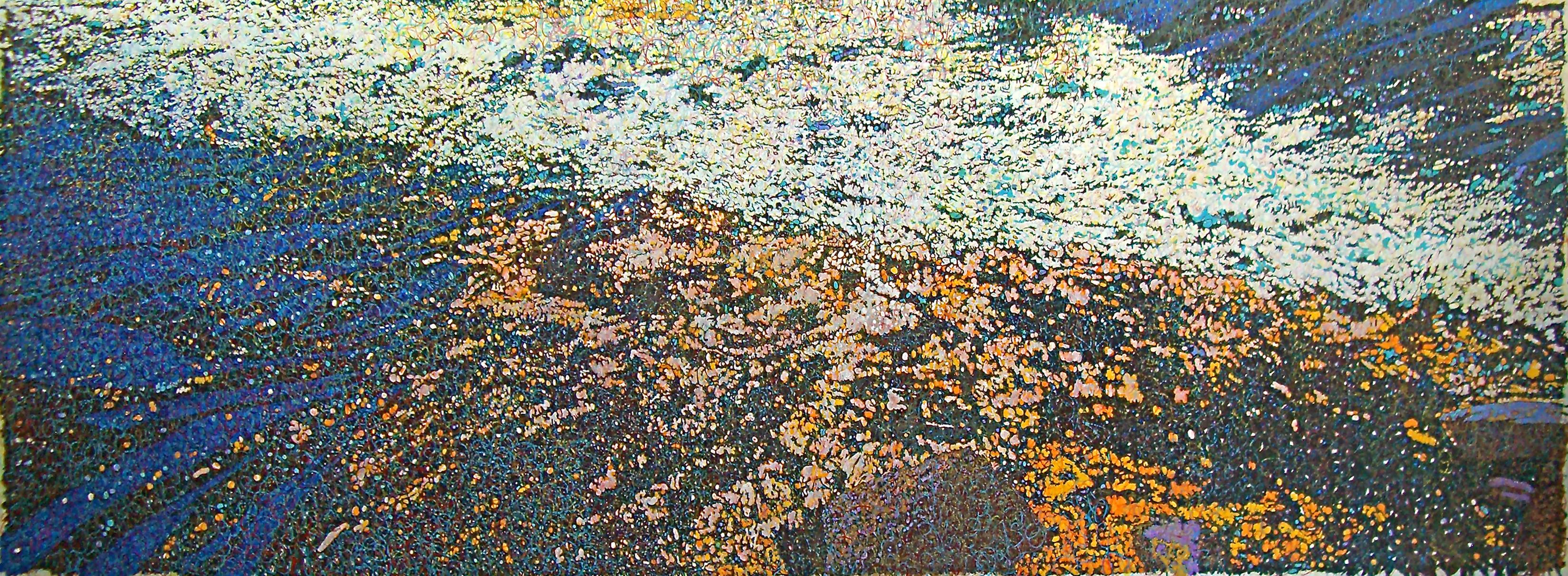Abstract Painting de John Hogan (American) - Río Salmón, John Hogan gran cuadro contemporáneo azul naranja negro