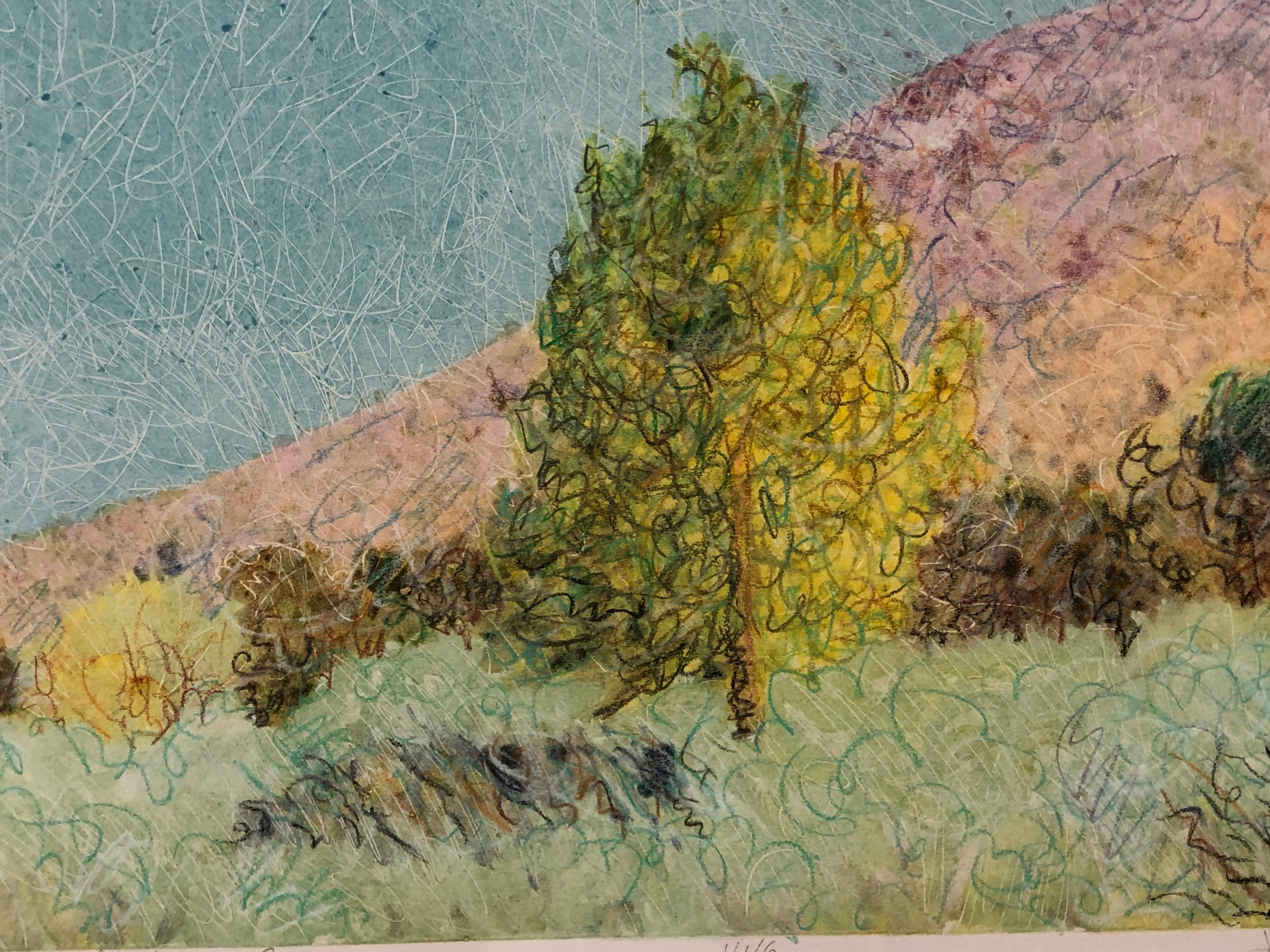 Bois de coton dans le Canyon de Jemez, par John Hogan, technique mixte, monotype, Nouveau-Mexique en vente 2
