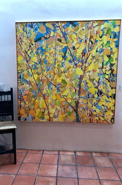 Aspens by John Hogan, mixed media painting, yellow leaves, blue sky,  Santa Fe