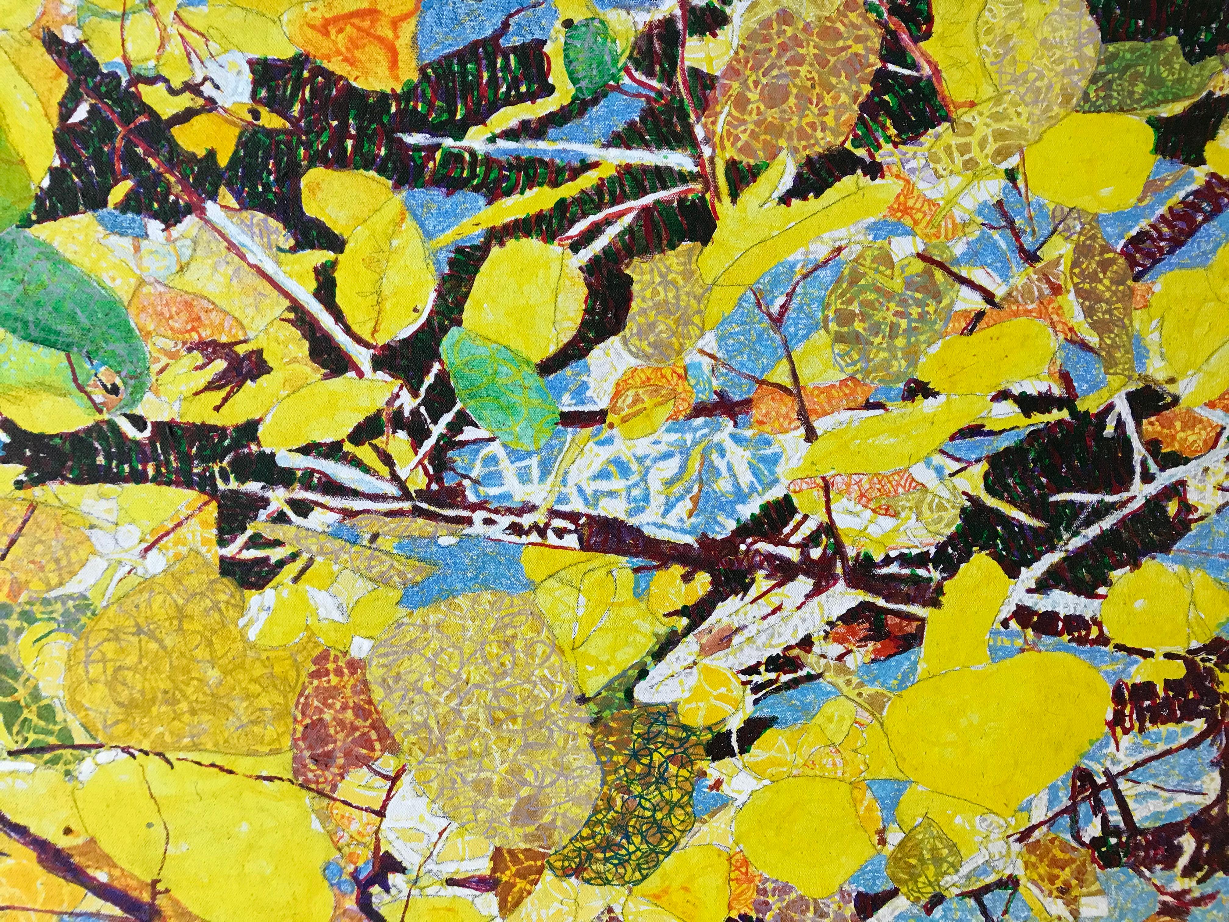 Aspens by John Hogan, mixed media painting, yellow leaves, blue sky,  Santa Fe
mixed media on canvas