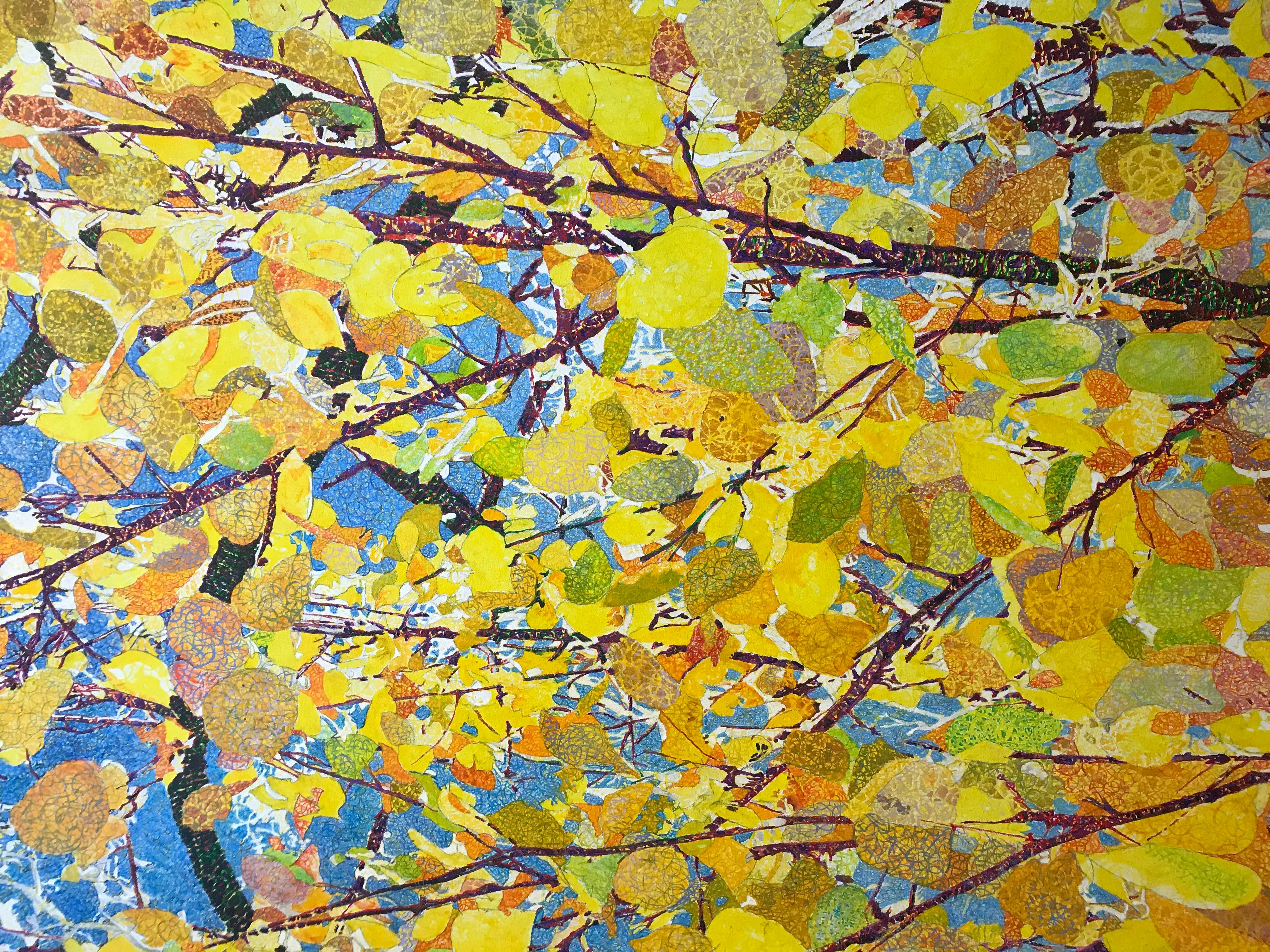 Aspens by John Hogan, mixed media painting, yellow leaves, blue sky,  Santa Fe 1