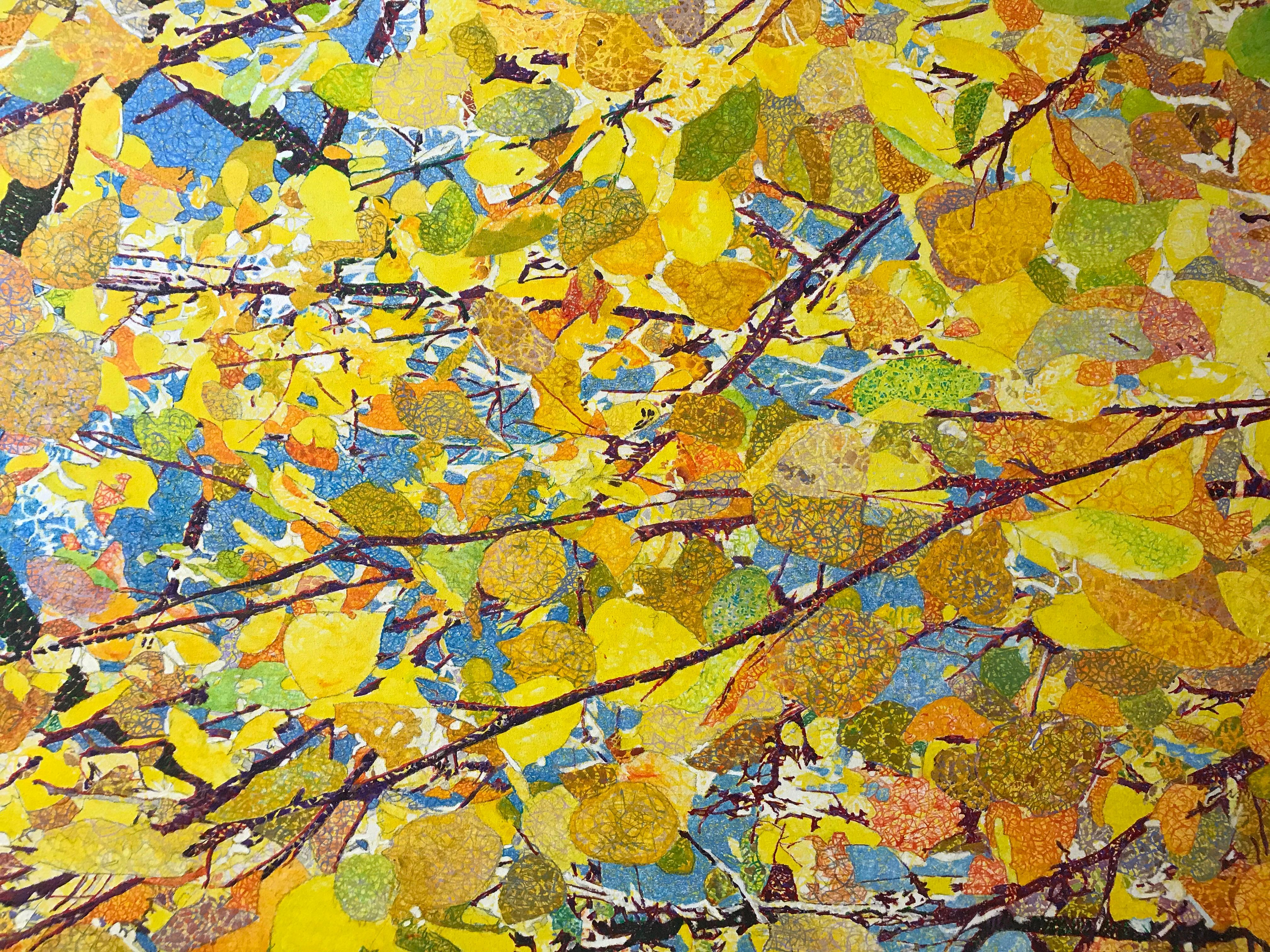 Aspens by John Hogan, mixed media painting, yellow leaves, blue sky,  Santa Fe 2