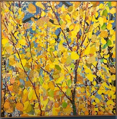 Aspens by John Hogan, mixed media painting, yellow leaves, blue sky,  Santa Fe