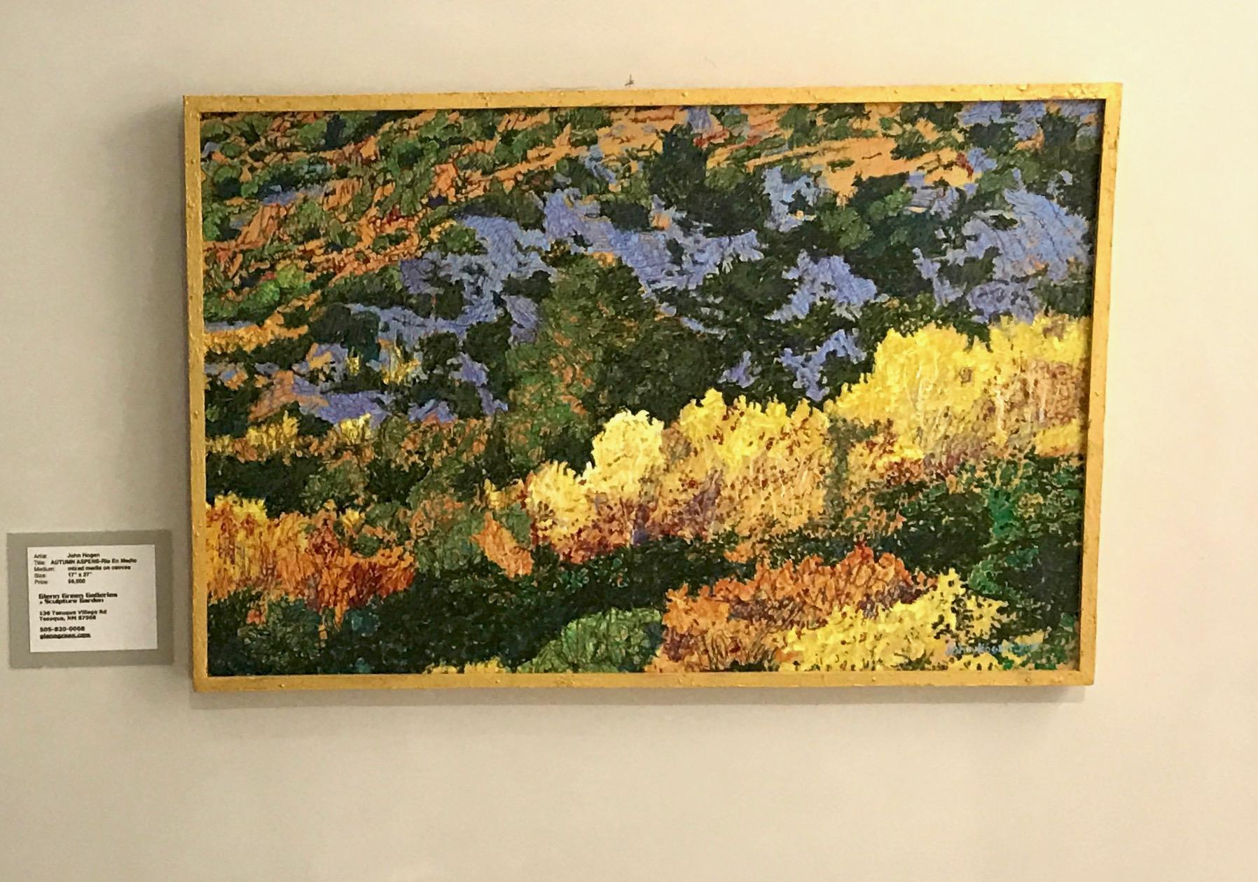 Autumn Aspens-Rio En Medio, New Mexico Landscape painting, yellow, blue, green,  - Painting by John Hogan