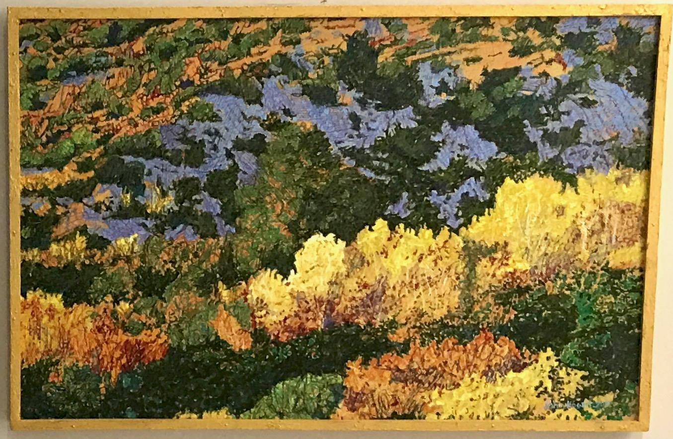 Herbst Aspens-Rio En Medio, New Mexico, Landschaftsgemälde, gelb, blau, grün  (Zeitgenössisch), Painting, von John Hogan