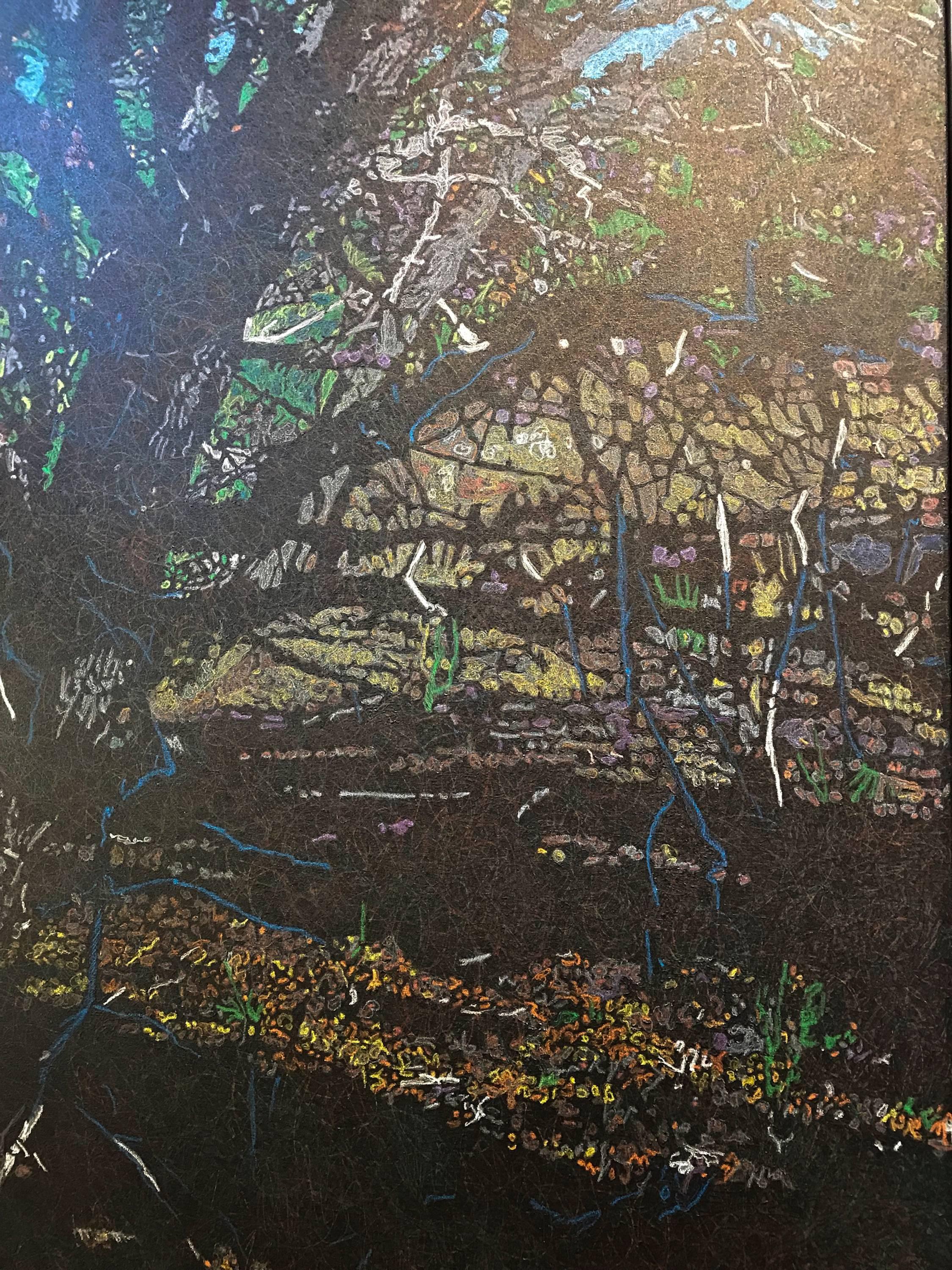 Dark Piñon, large vertical painting, black, brown, blue, tree, John Hogan 1