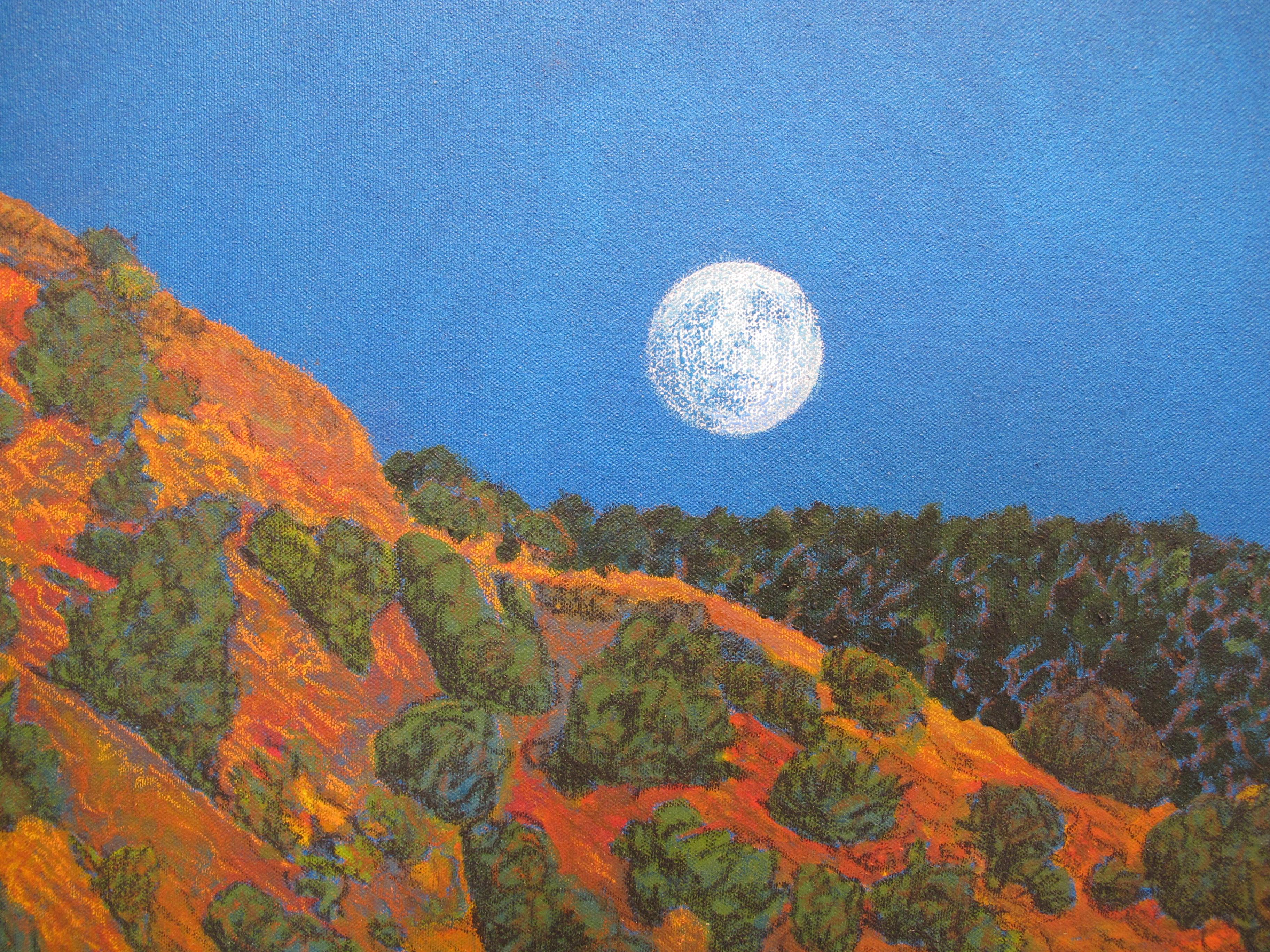 Ghost Moon Rising, New Mexico, desert landscape painting, full moon, blue sky - Painting by John Hogan