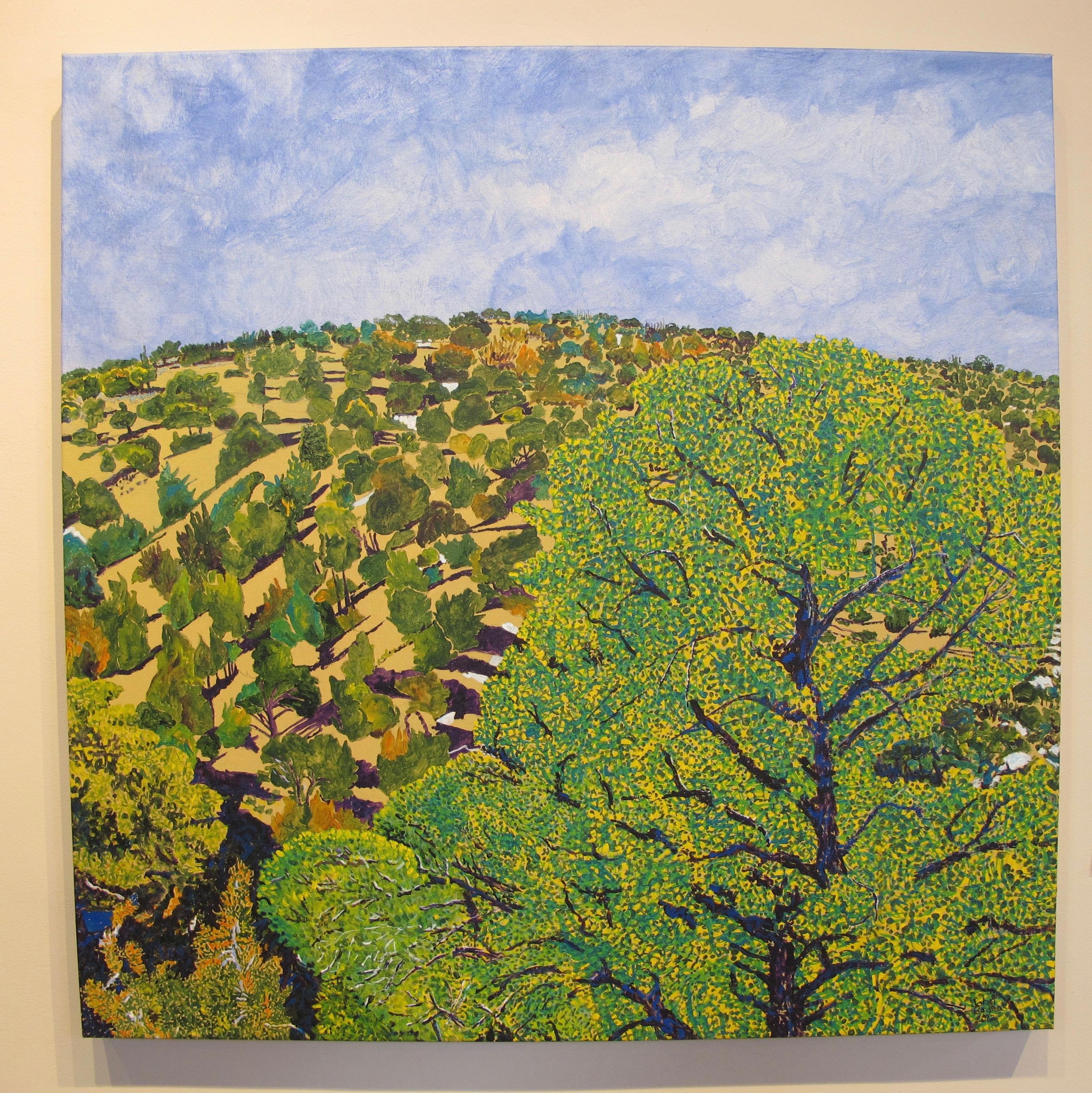 Hillside From Studio, de John Hogan, pintura de paisaje de montaña, verde, azul - Landscape Painting Marrón de John Hogan (American)