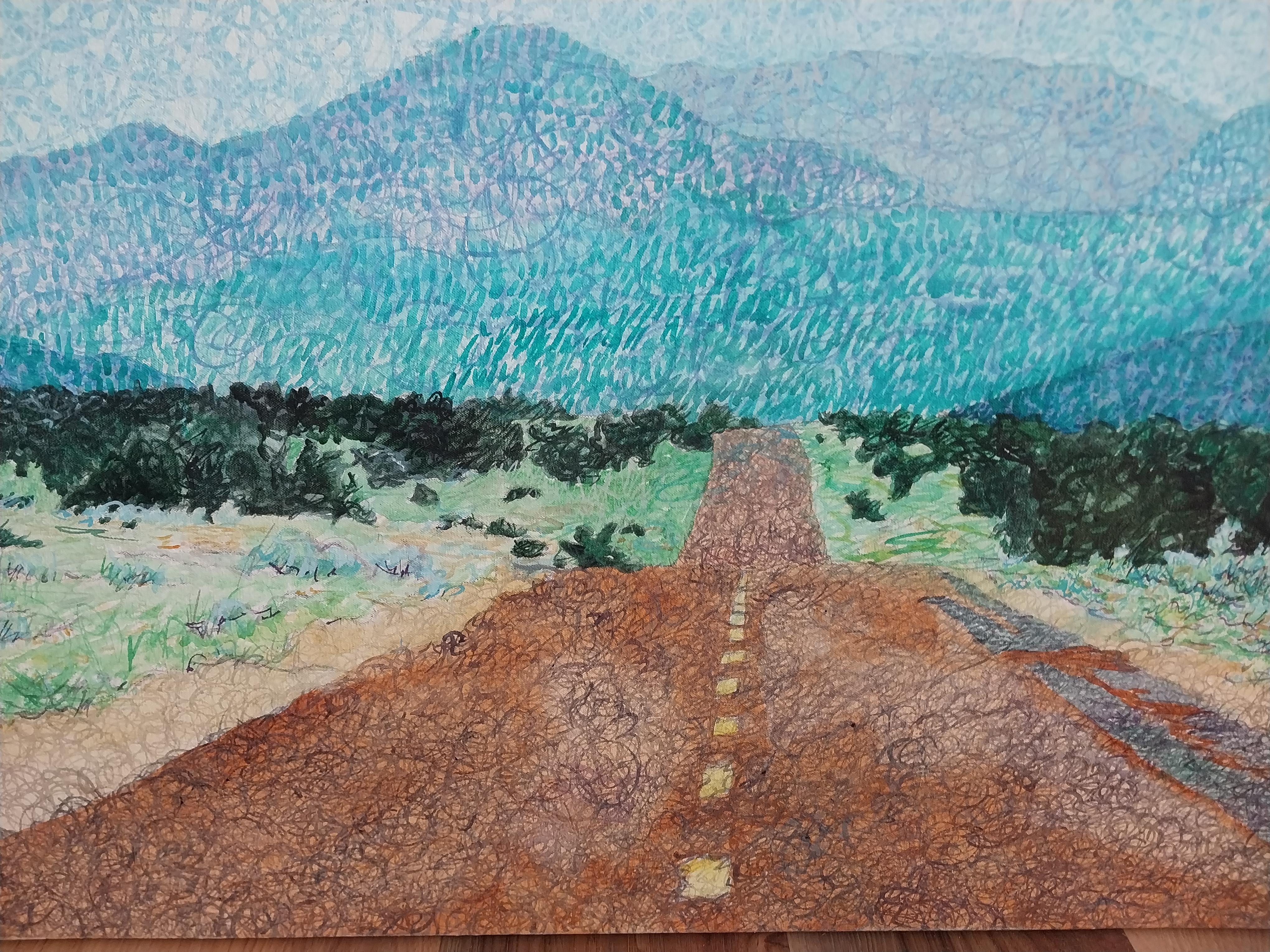 Santa Fe Road, por John Hogan, pintura, grande, paisaje, azul, nubes, textura - Painting Contemporáneo de John Hogan (American)
