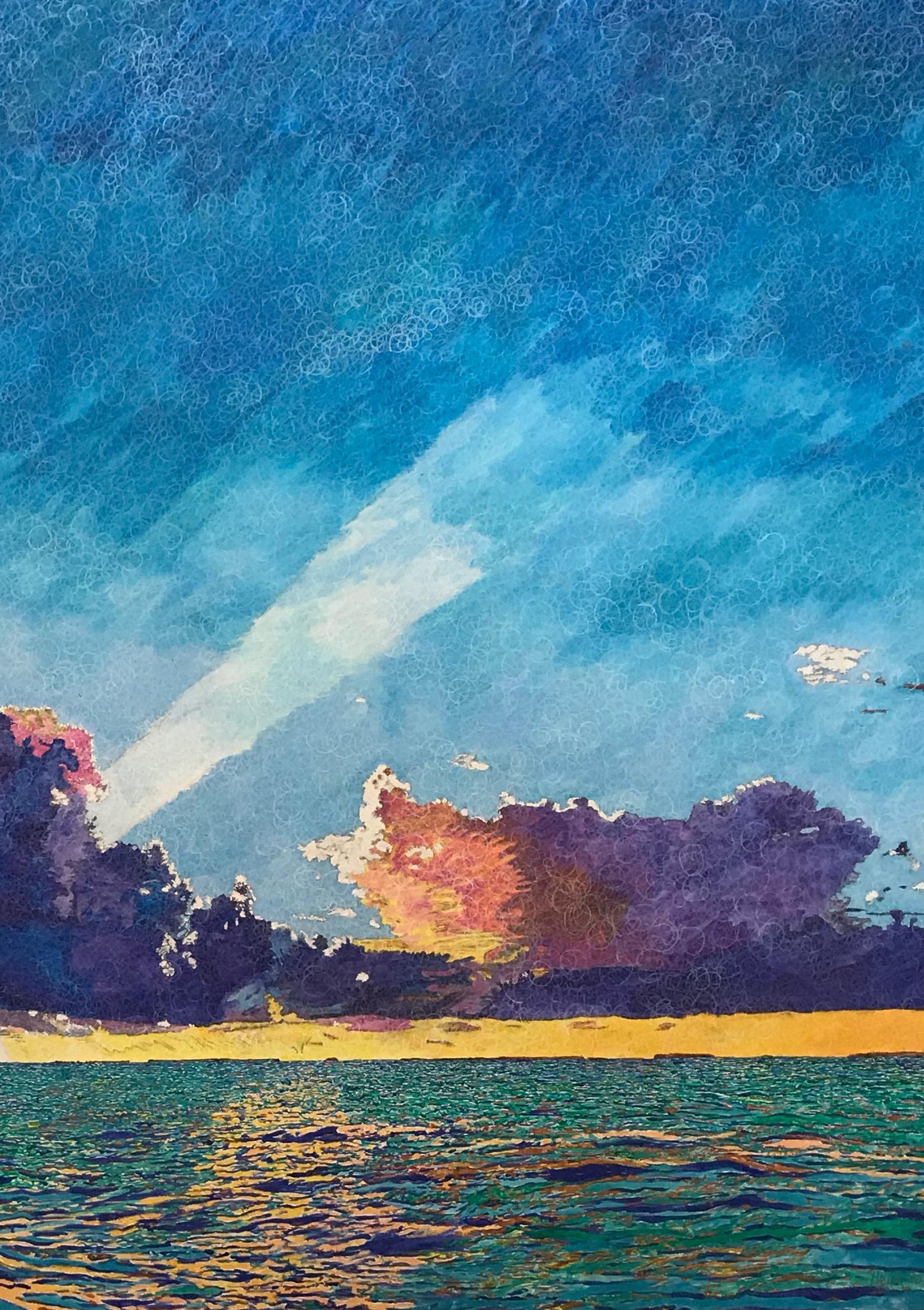 Nuages de mer coucher de soleil, Key Largo, bleu, rose, vert, peinture texturée, claire, grande - Painting de John Hogan