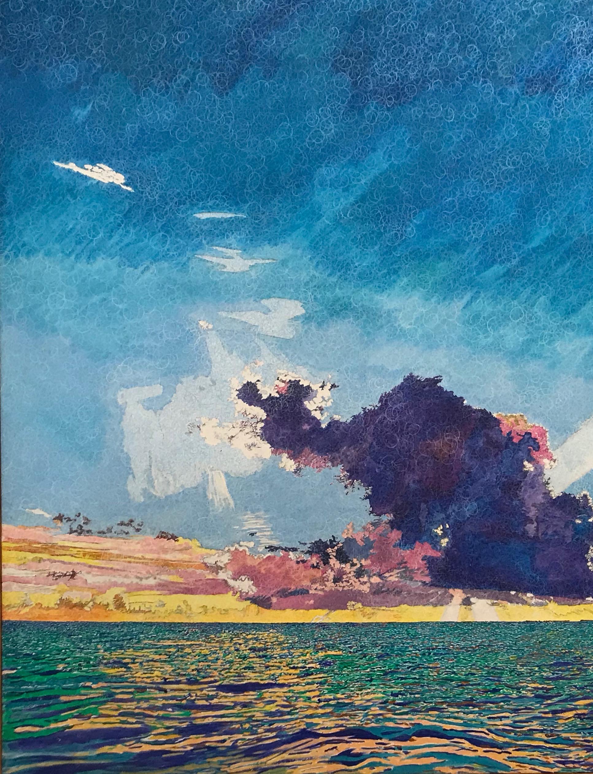 Nuages de mer coucher de soleil, Key Largo, bleu, rose, vert, peinture texturée, claire, grande - Contemporain Painting par John Hogan