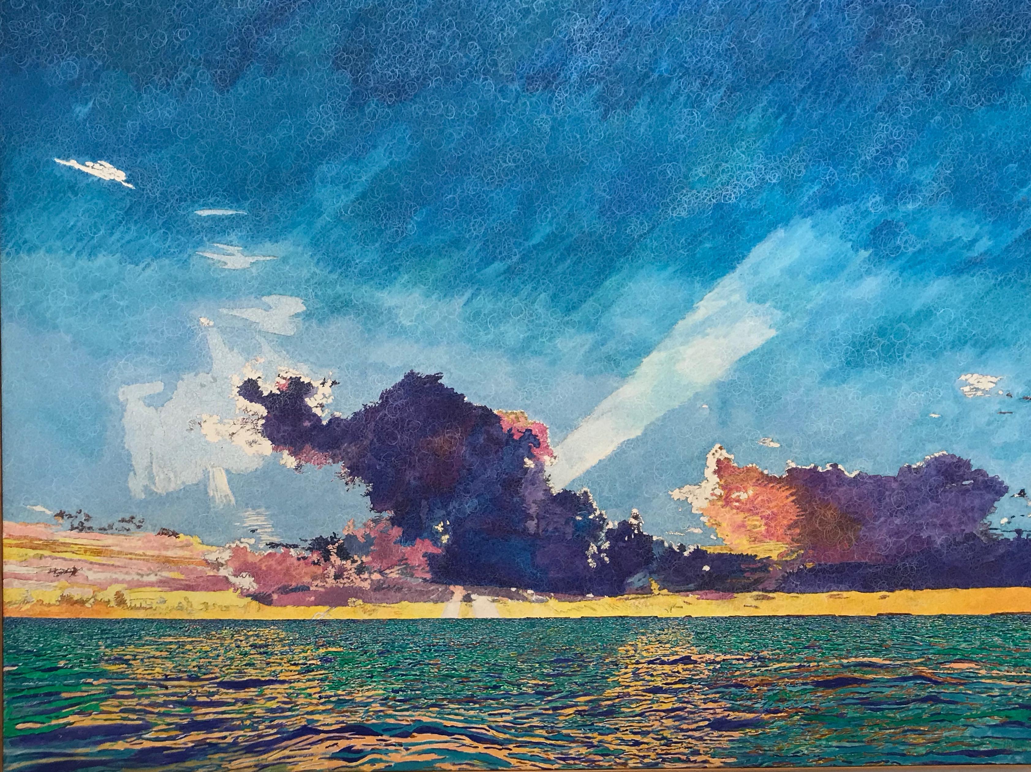 Nuages de mer coucher de soleil, Key Largo, bleu, rose, vert, peinture texturée, claire, grande - Bleu Landscape Painting par John Hogan