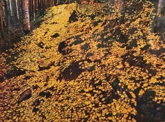 Aspen Trail- Fall, color etching,John Hogan, yellows, gold, landscape forest