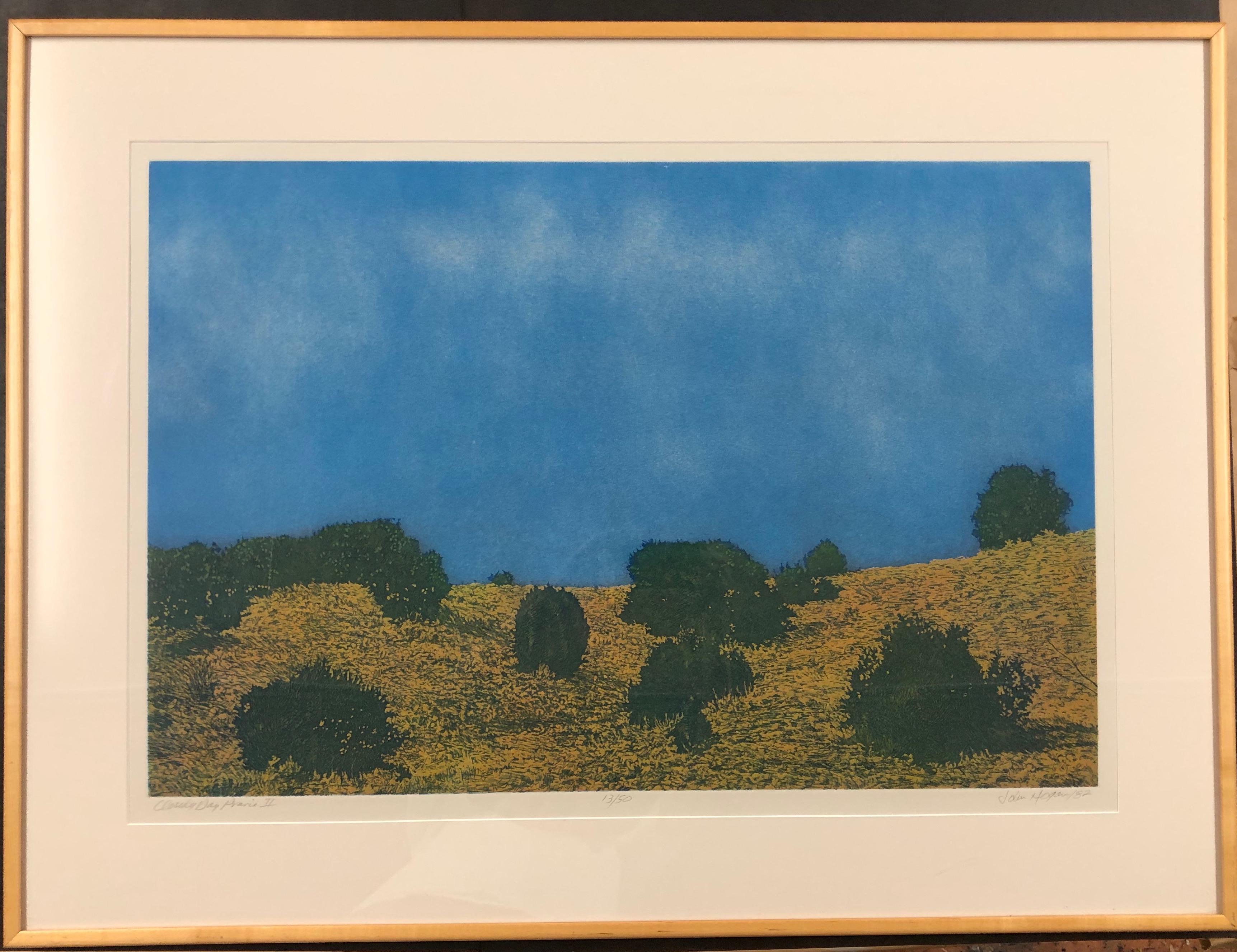 Cloudy Day Prairie II, by John Hogan, New Mexico Landscape Color Etching, blues