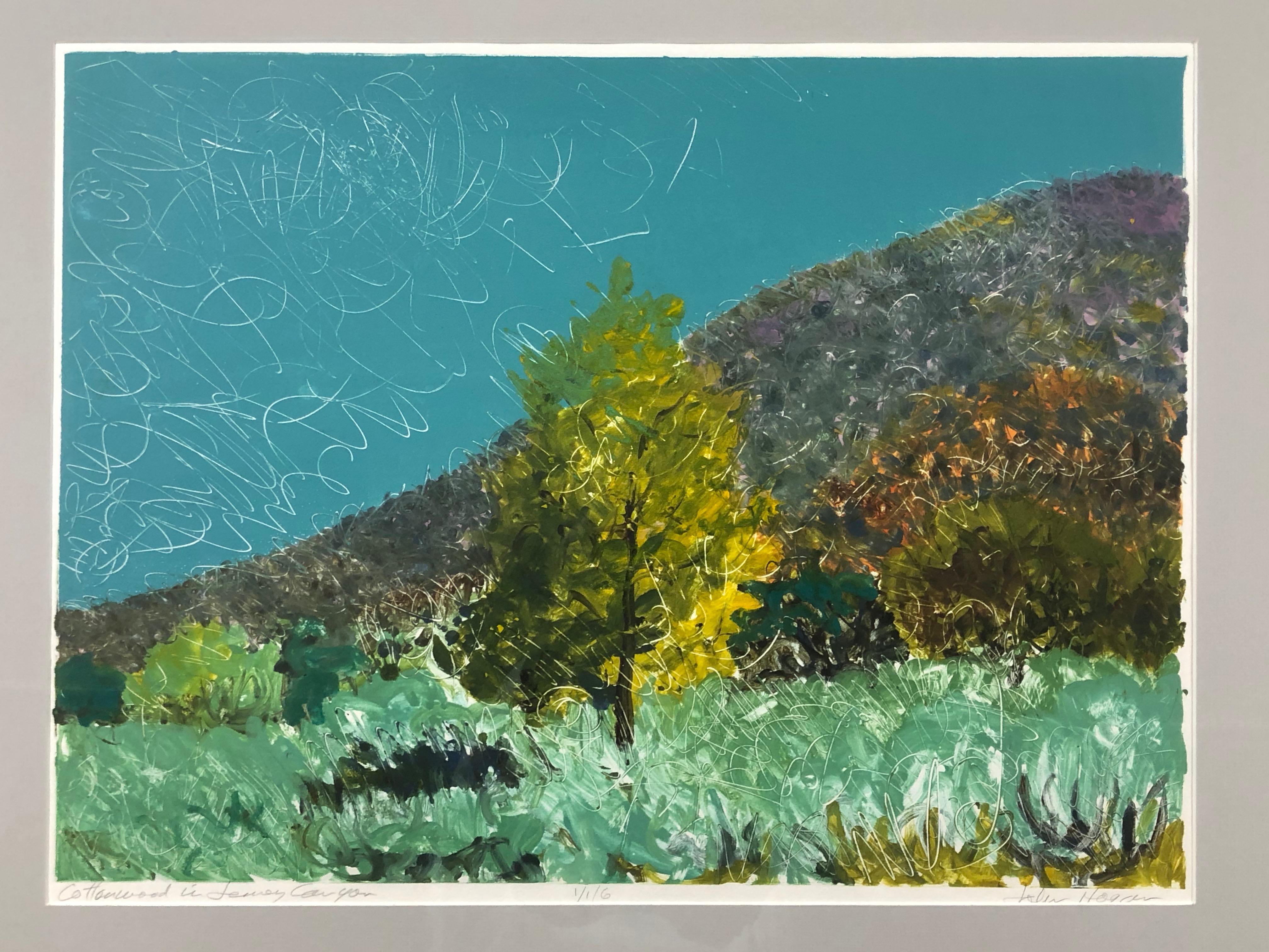 Cottonwoods in Jemez Canyon mono print by John Hogan New Mexico landscape green For Sale 1
