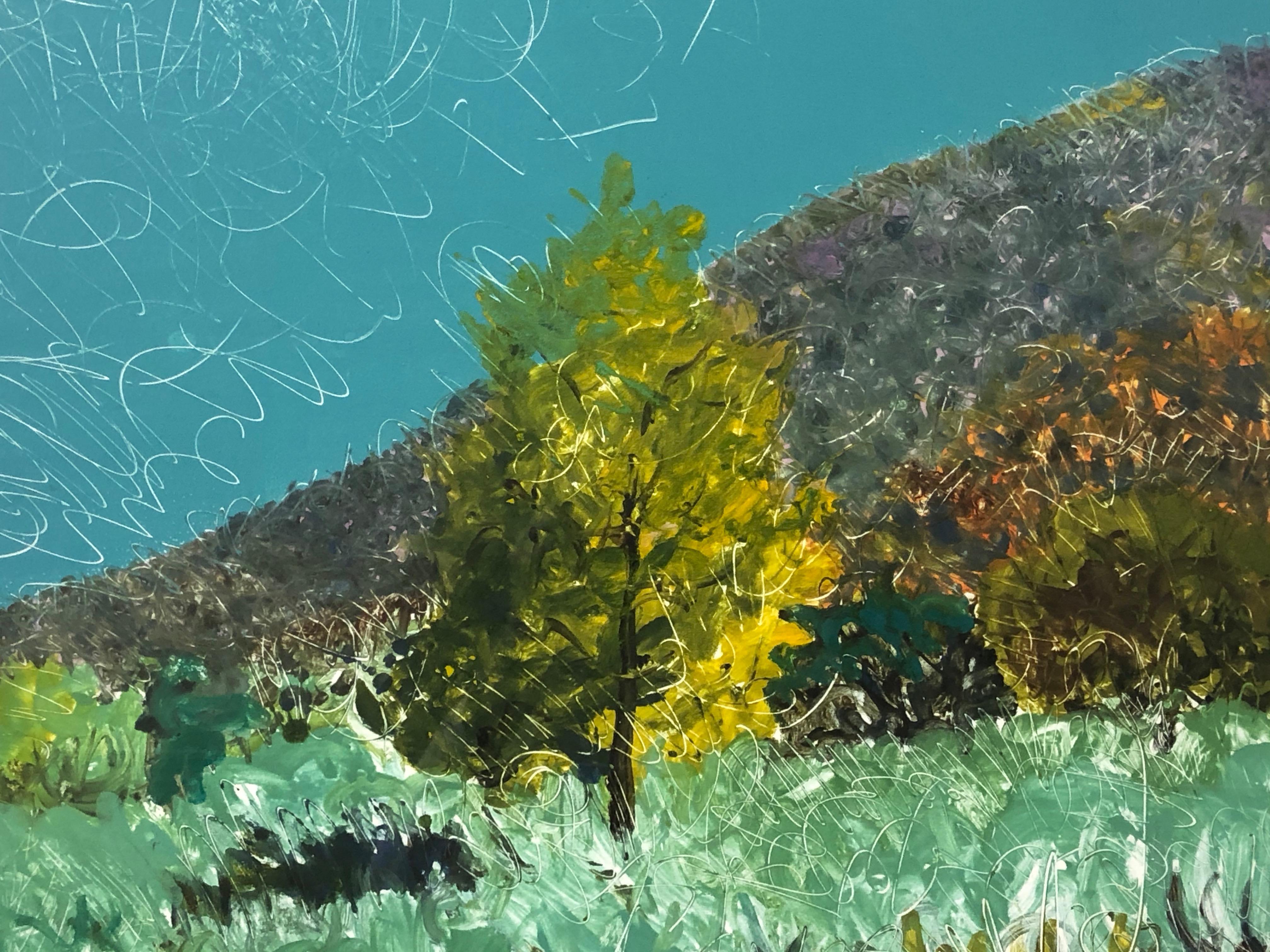 Cottonwoods in Jemez Canyon mono print by John Hogan New Mexico landscape green For Sale 2