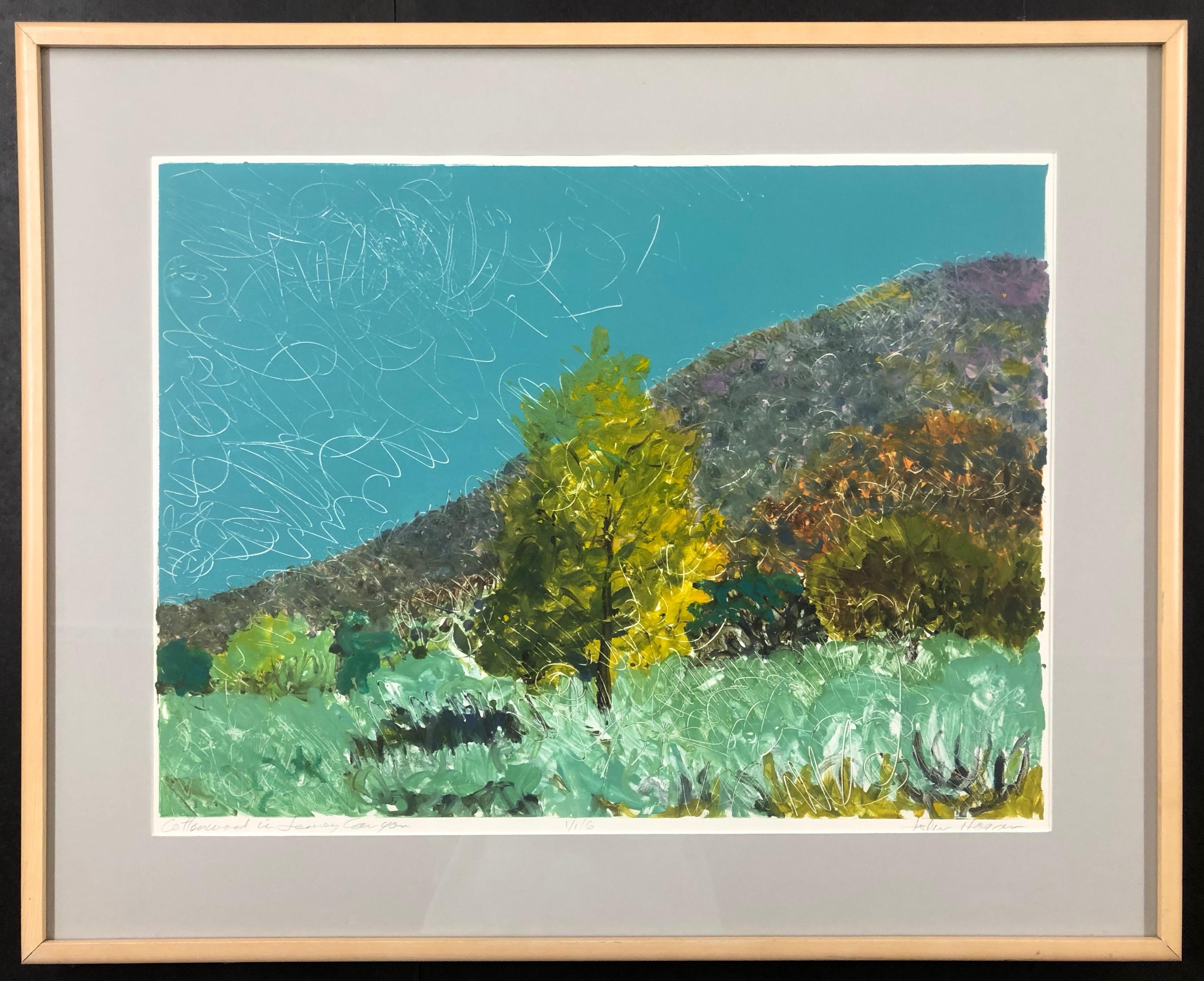 Cottonwoods in Jemez Canyon mono print by John Hogan New Mexico landscape green