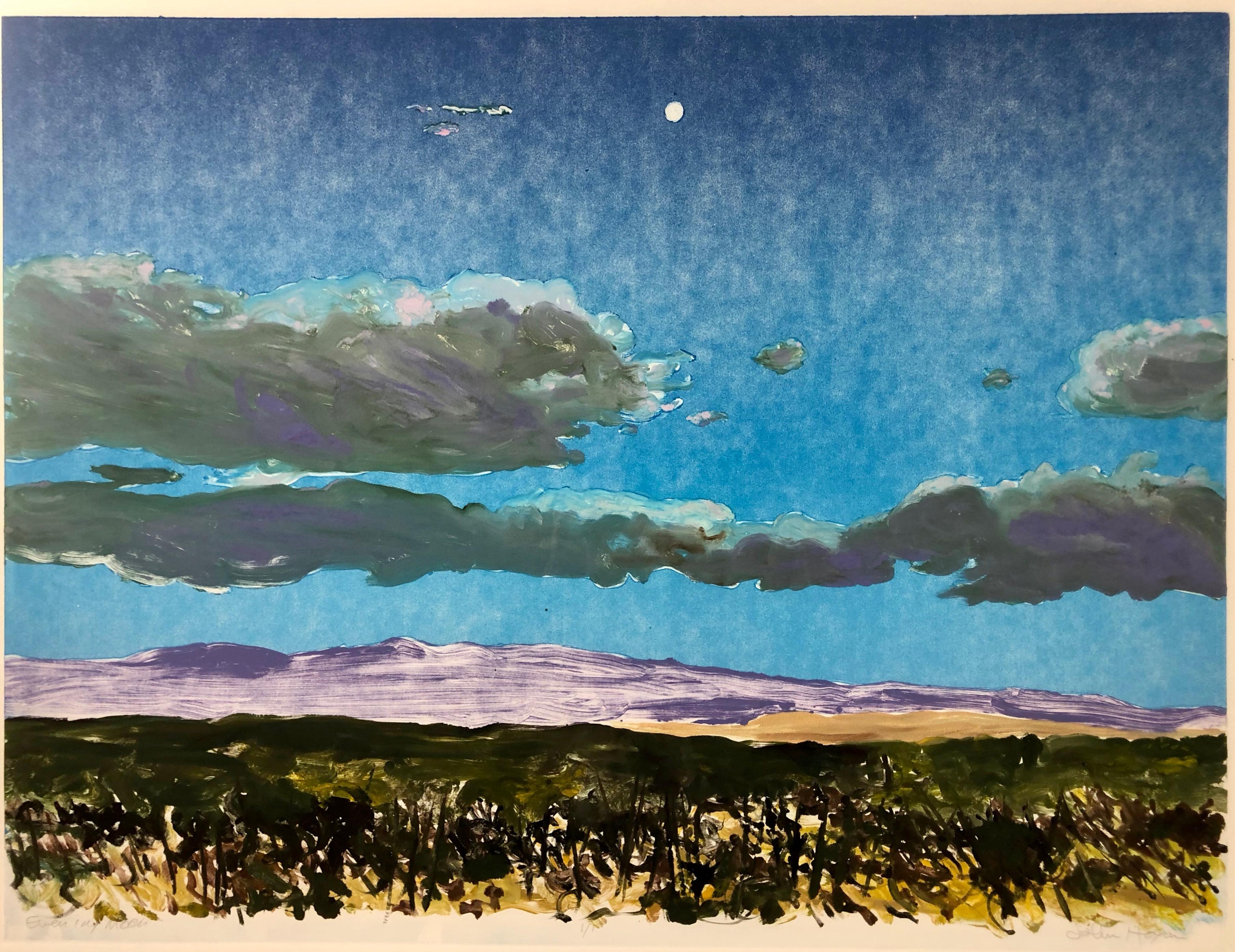 Evening Moon monotype by John Hogan, unique framed landscape with clouds For Sale 3