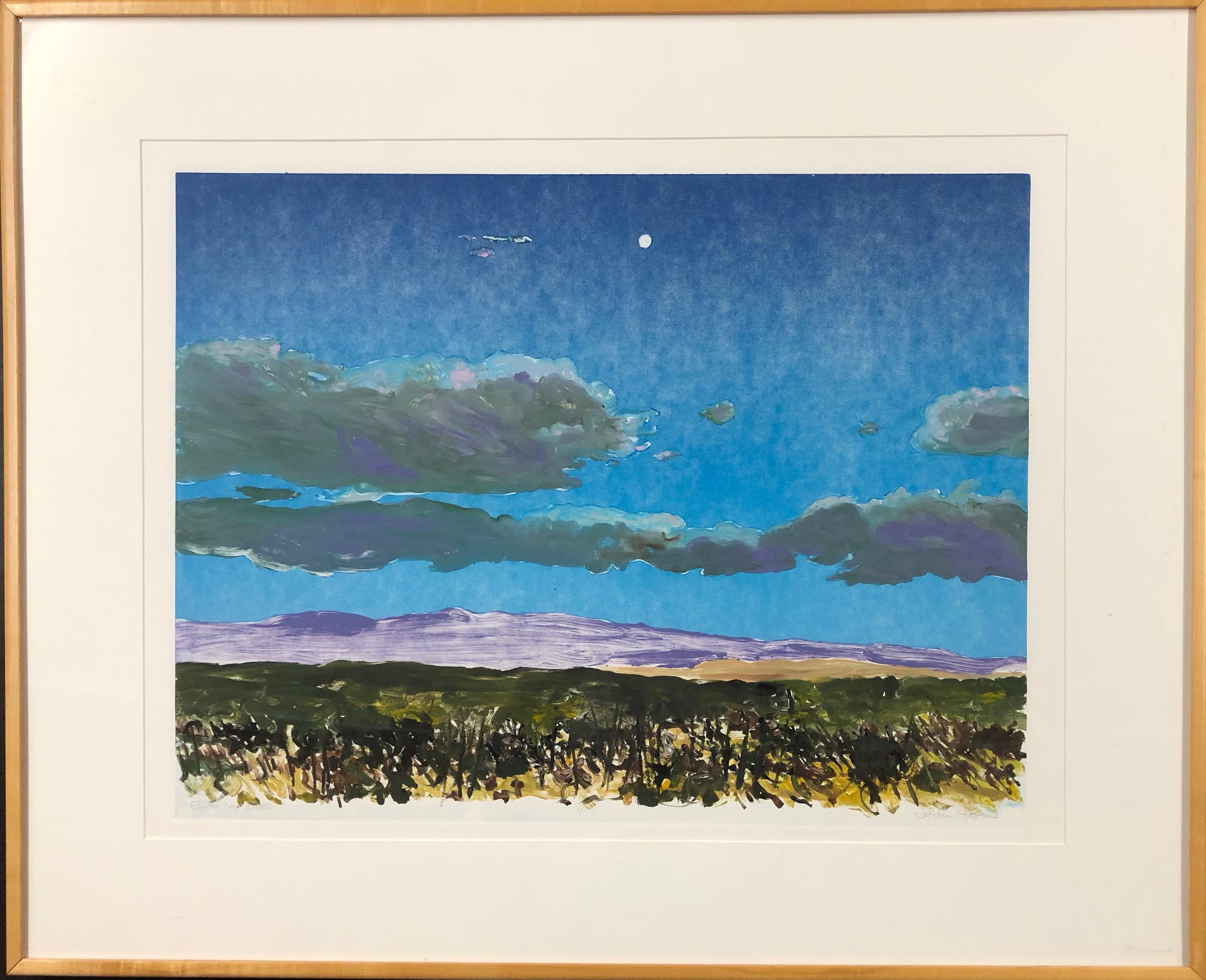 Evening Moon monotype by John Hogan, unique framed landscape with clouds