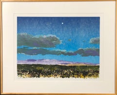 Vintage Evening Moon monotype by John Hogan, unique framed landscape with clouds