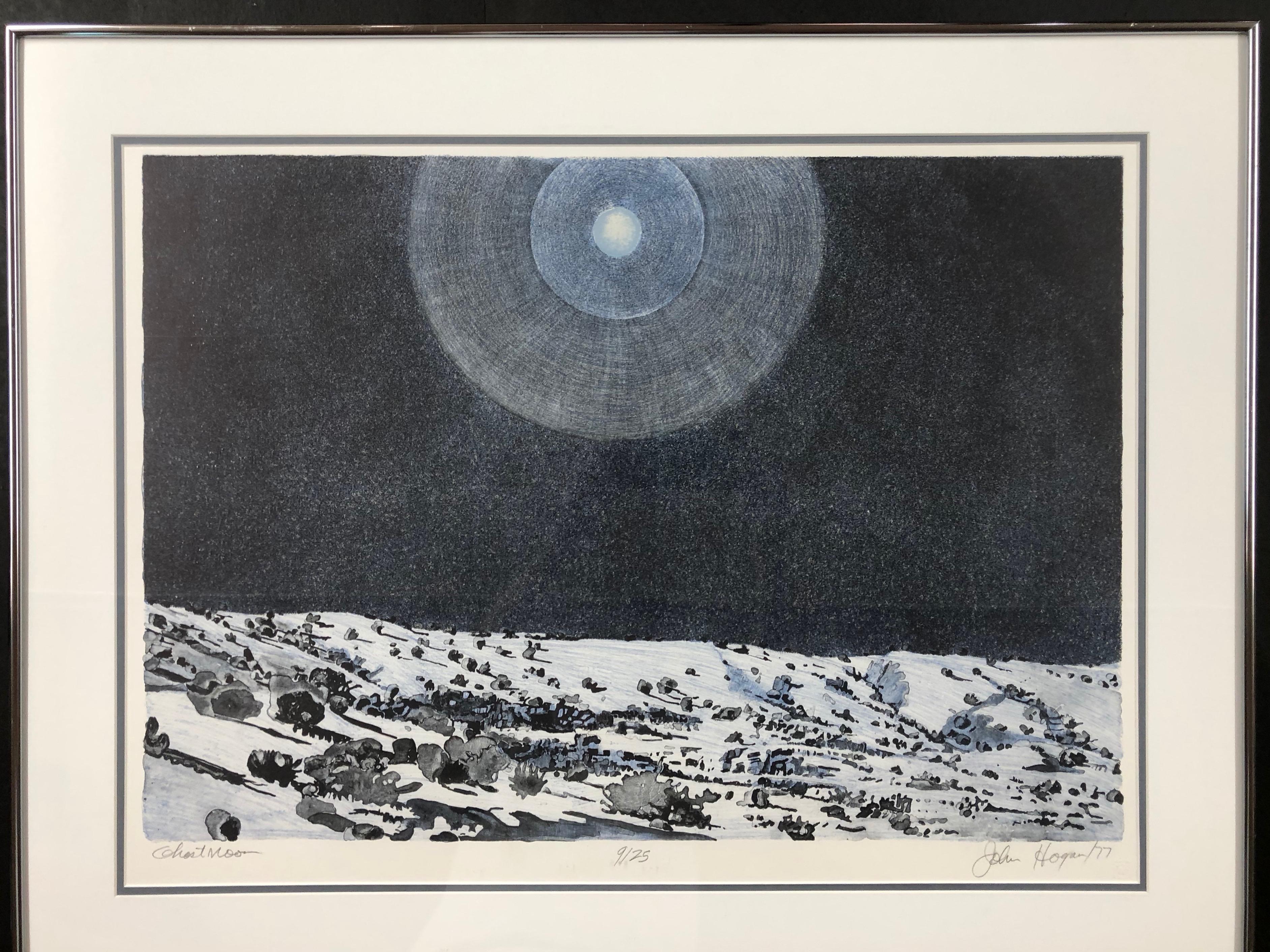 Ghost Moon by John Hogan, Desert Night Landscape lithograph black and white