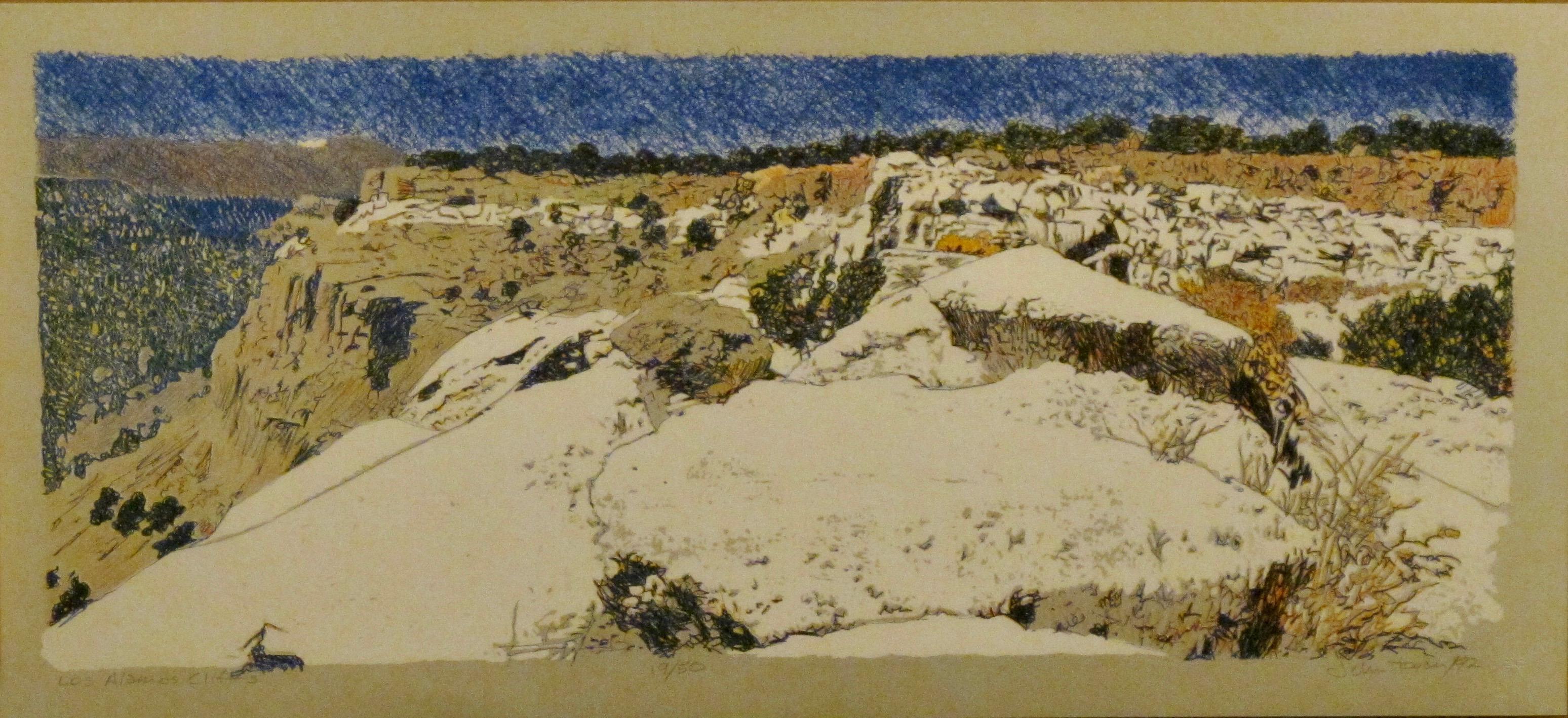 Los Alamos Cliffs, Wüstenlandschaft, Farbradierung, New Mexico, Blau, Weiß, Hellbraun (Grau), Landscape Print, von John Hogan